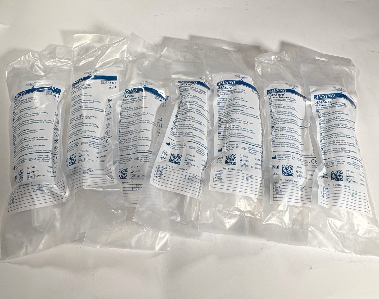 Amsino AS116 AMsure 60ml Piston Irrigation Syringe With Catheter tip, Bag of 7