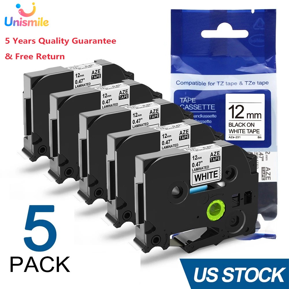 5PK Brother P-Touch TZ-231 TZe-231 12mm Label Tape Black on White 1/2″ PT-H110