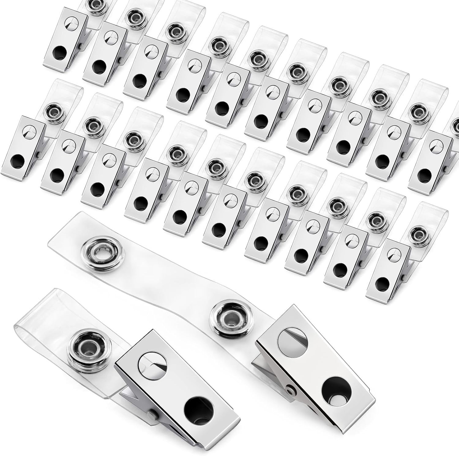30 Pcs Metal Badge Clips With Clear PVC Straps – Double Holes ID Holder for Name