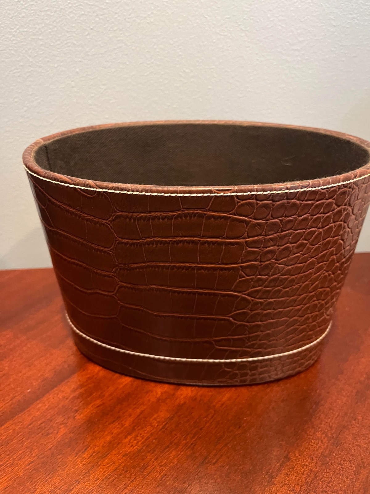 brown faux-leather, crocodile patterned container waste basket, desk organizer