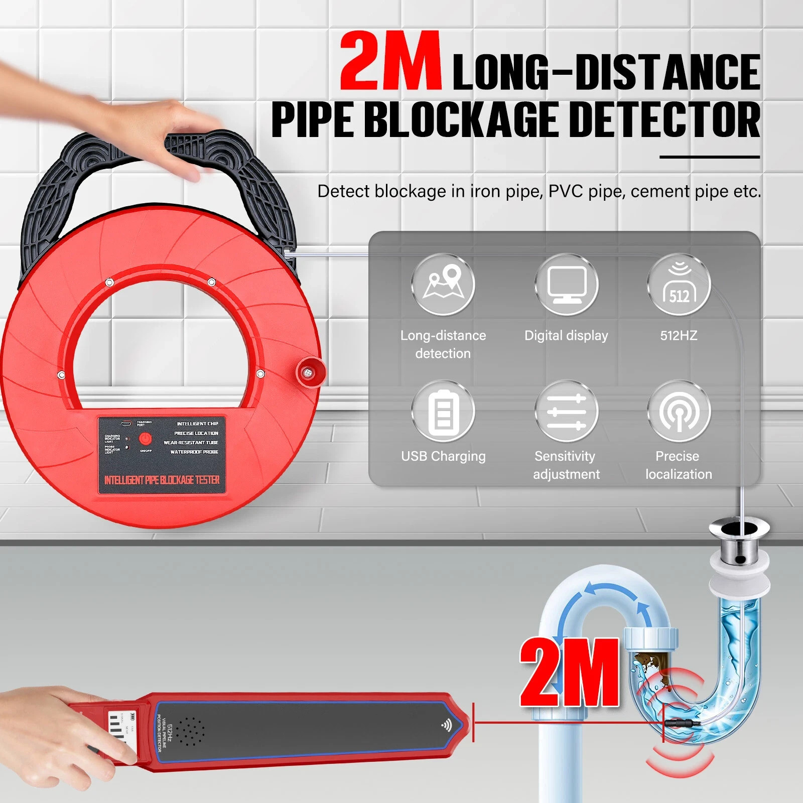 Pipe Blockage Detector Locators 100ft/30m Waterproof for PVC Plastic Metal