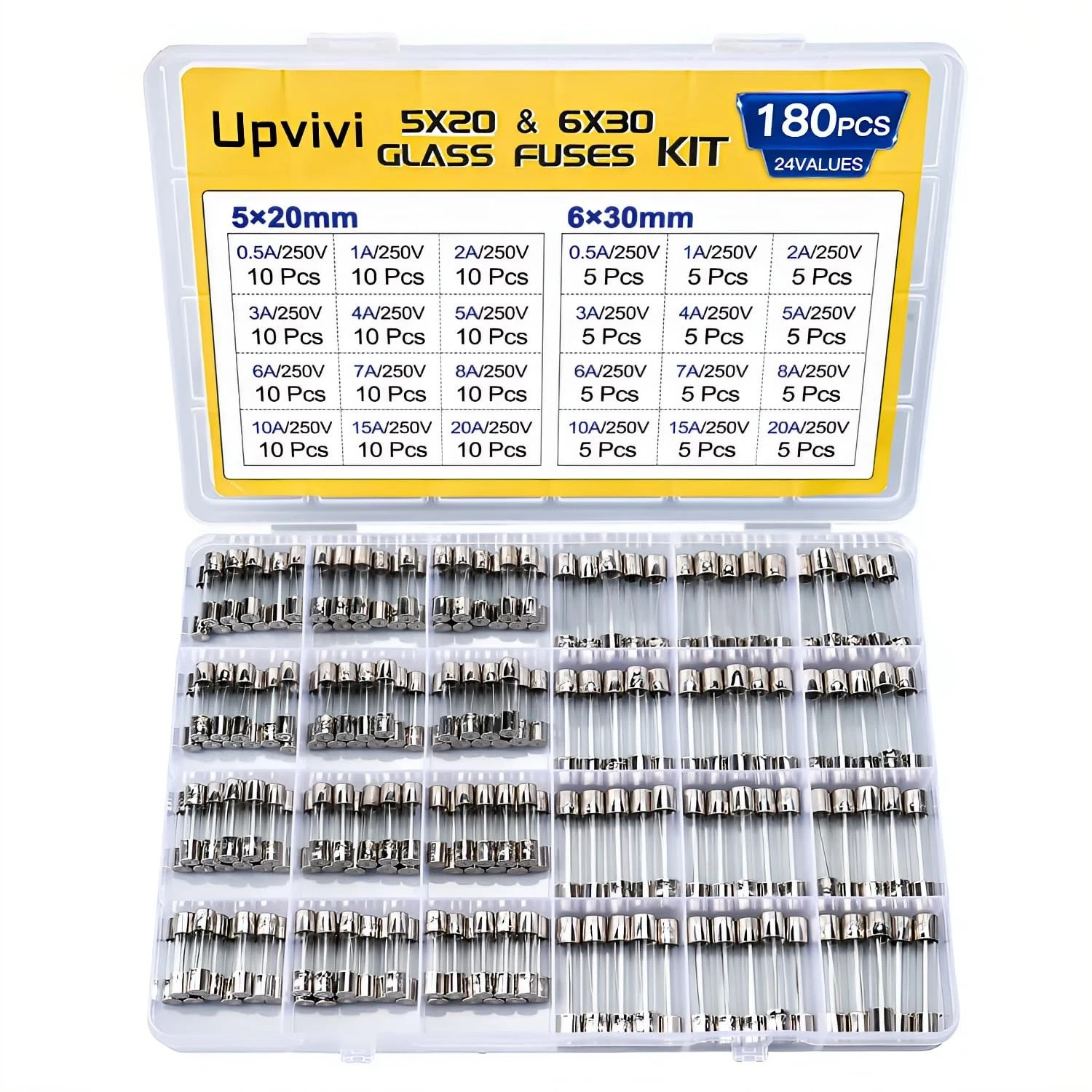 Fast Blow Glass Fuse Assortment Kit, 24 Values Glass Fuses 250V 5X20Mm 0.5A 1A 2