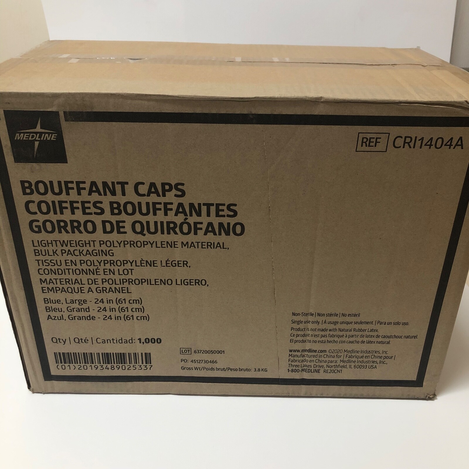 1000 Case – Medline 24″ Blue Bouffant Cap Non Woven Disposable Hairnet CRI1404A