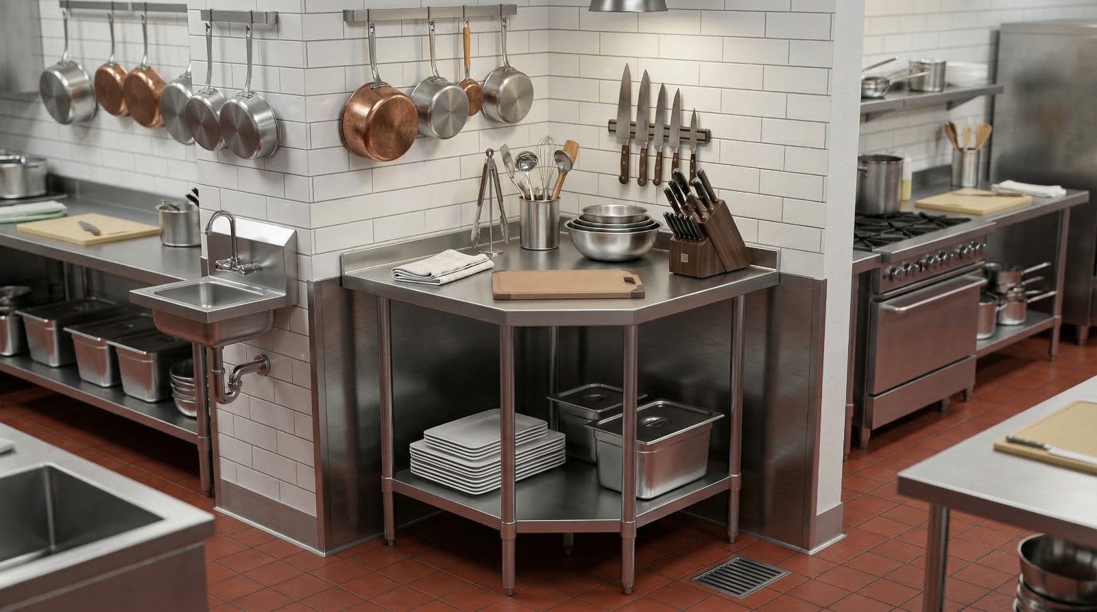 24″ x 24″ x 35″ Corner Stainless Steel Work Table with 1.5″ Backsplash