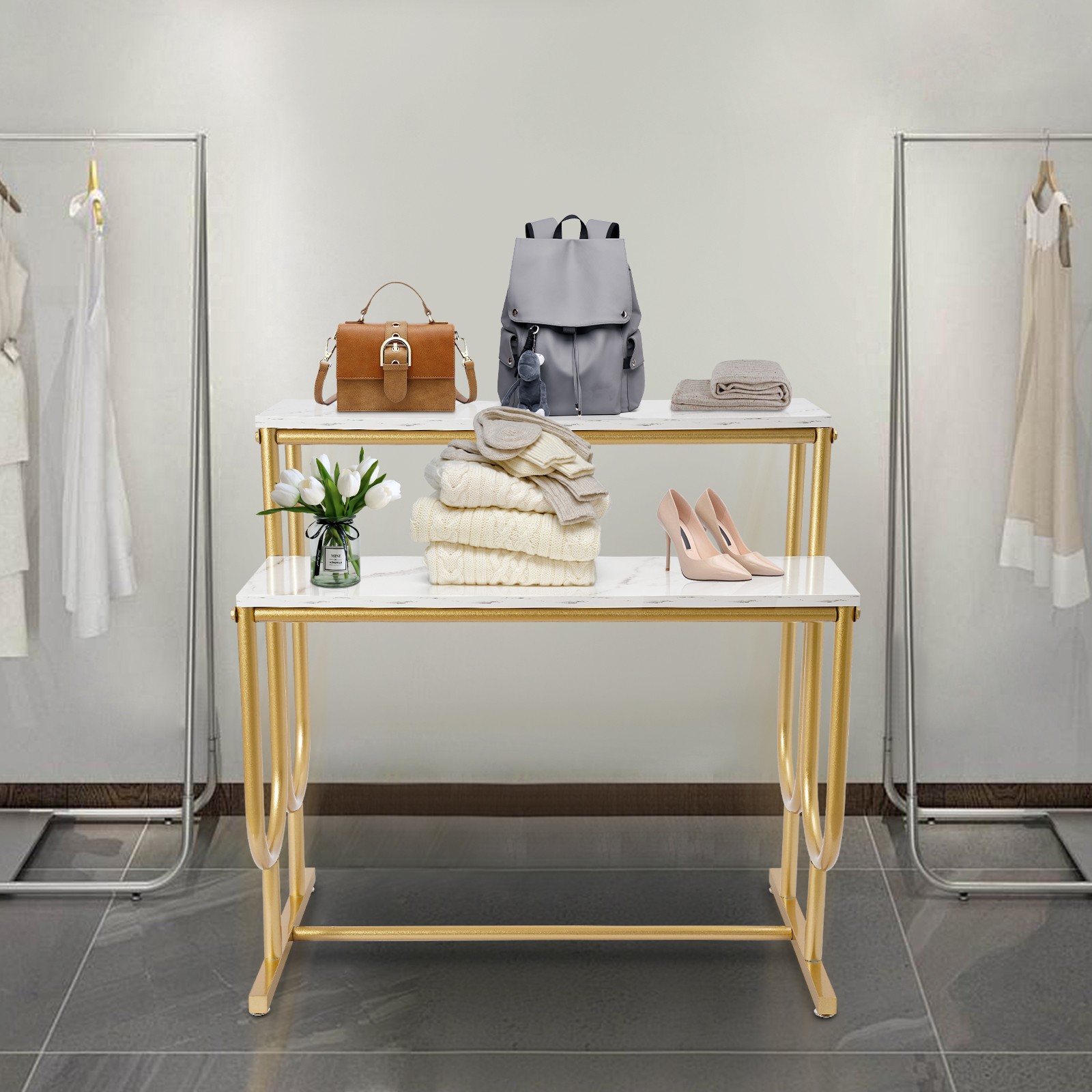 Modern Shoe Handbag Display Table, 2 Tiers Heavy Duty Display Stands White Gold