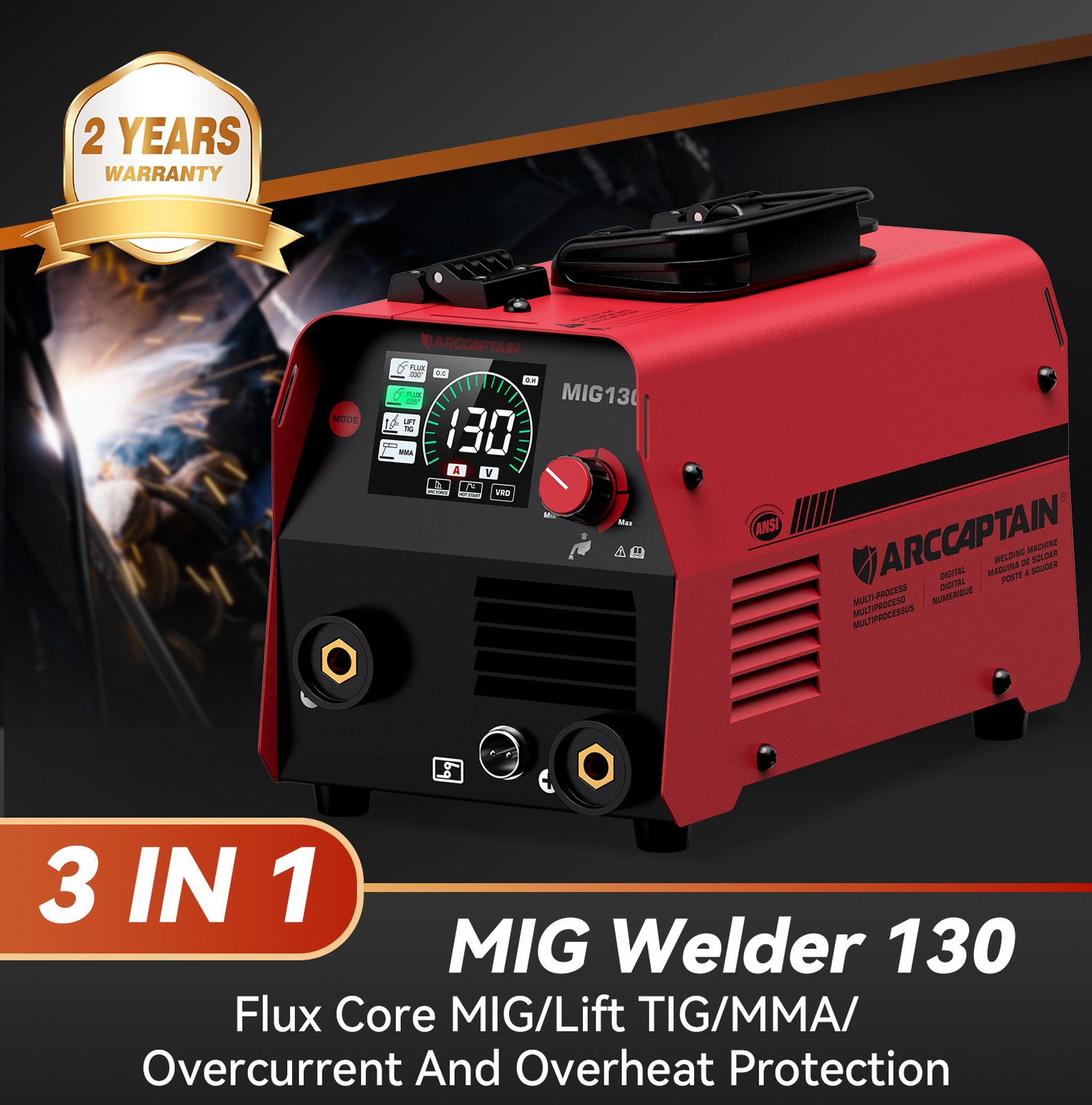 ARCCAPTAIN 3 in 1 MIG Welder 130Amp Flux Core Mig/Lift TIG/MMA Gasless Digital🔥