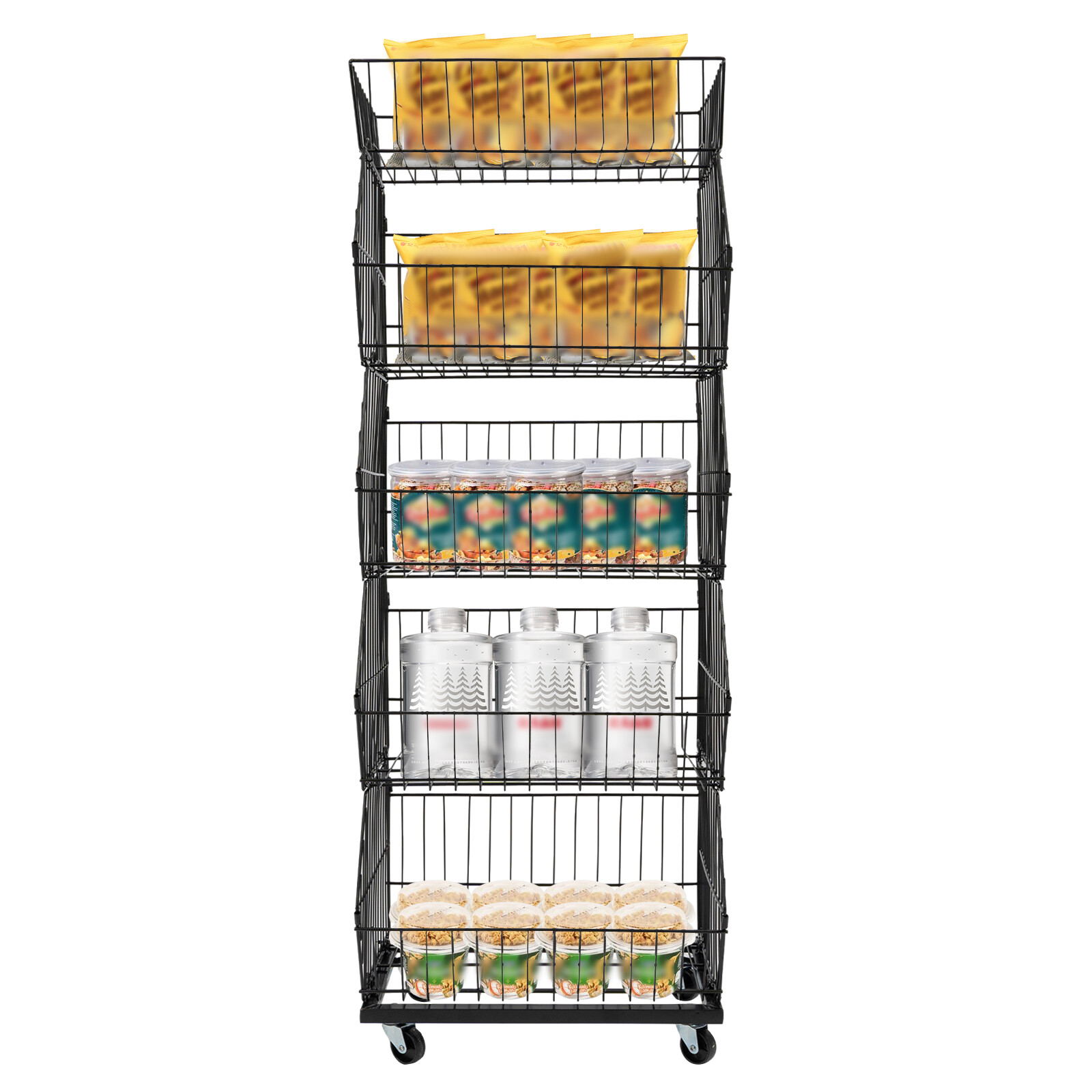 Movable Merchandise Display Rack Steel Retail Storage Basket Rack 5-Tiers Black