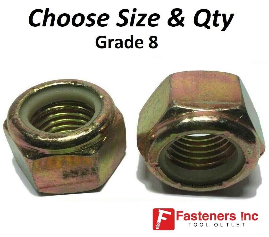 Grade 8 Nylon Insert Lock Nuts Nylock Yellow Zinc Plate (Choose Size & Quantity)