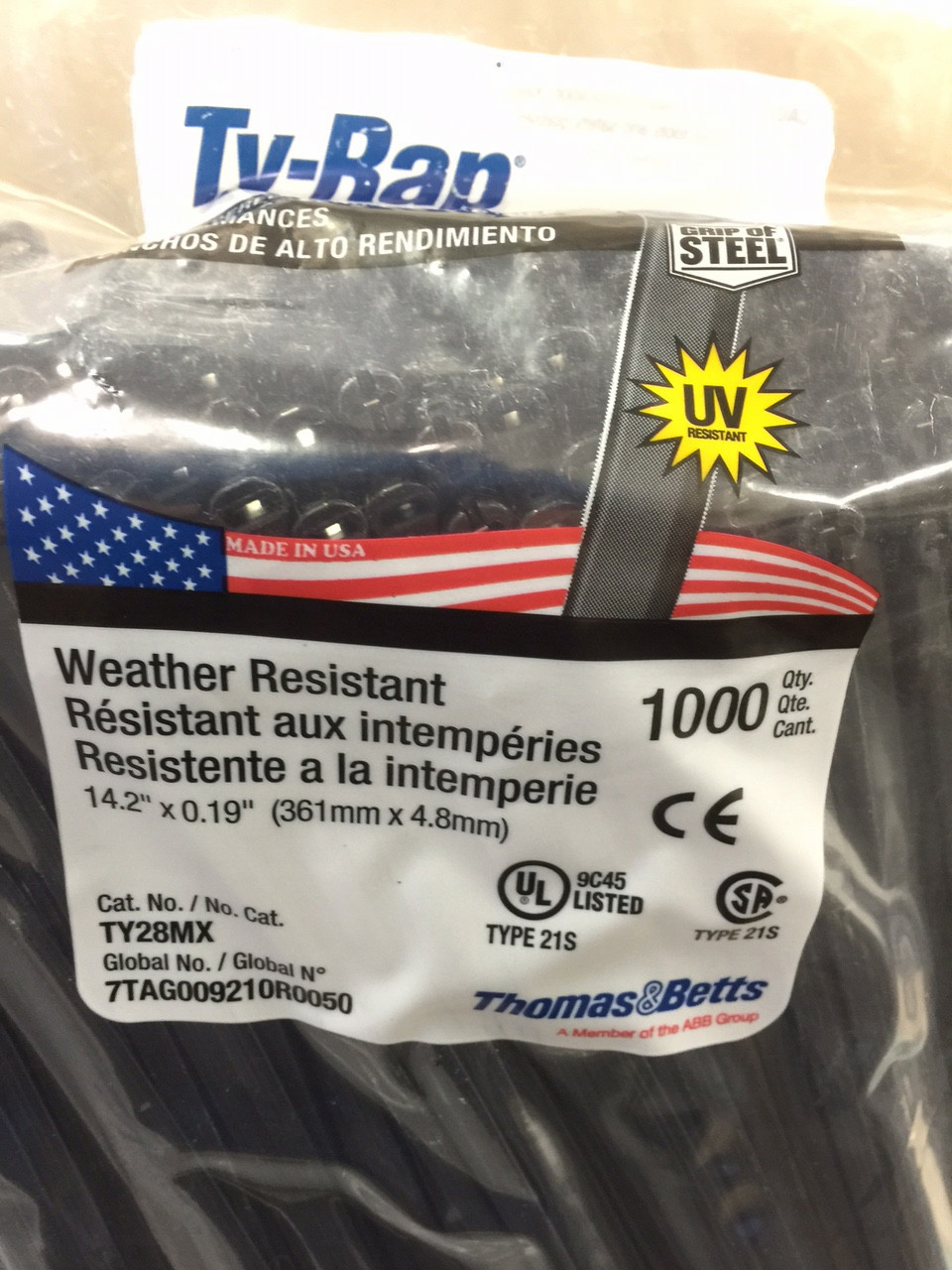Thomas & Betts Ty-Rap TY28MX 14.2″ 50lb UV Black 1,000/bag