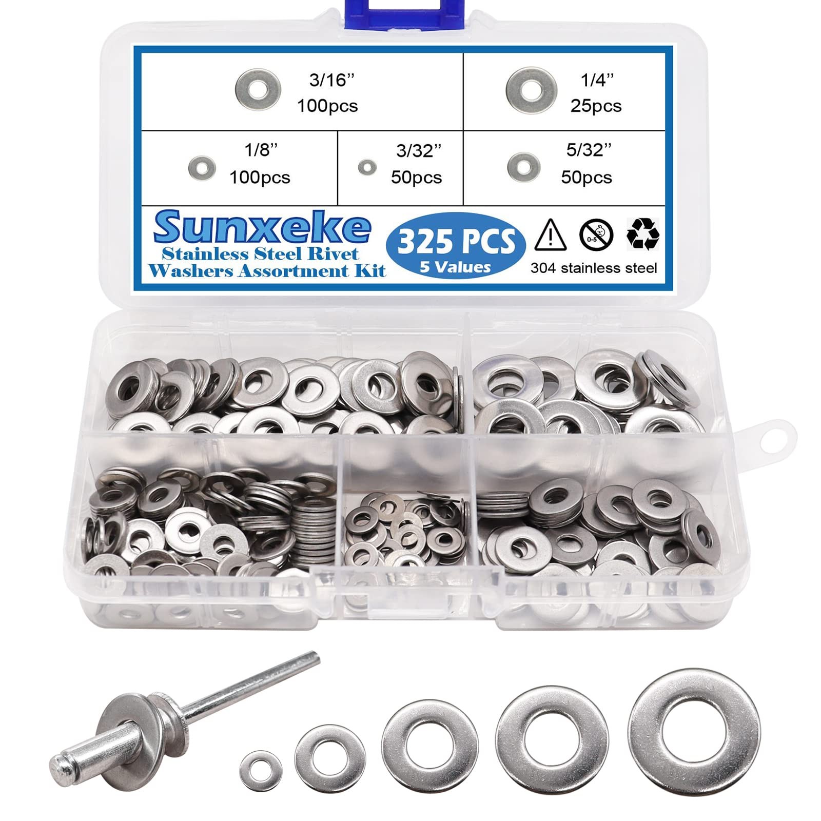 Sunxeke 325pcs Stainless Steel Washers for Blind Pop 0.25 inches, Silver