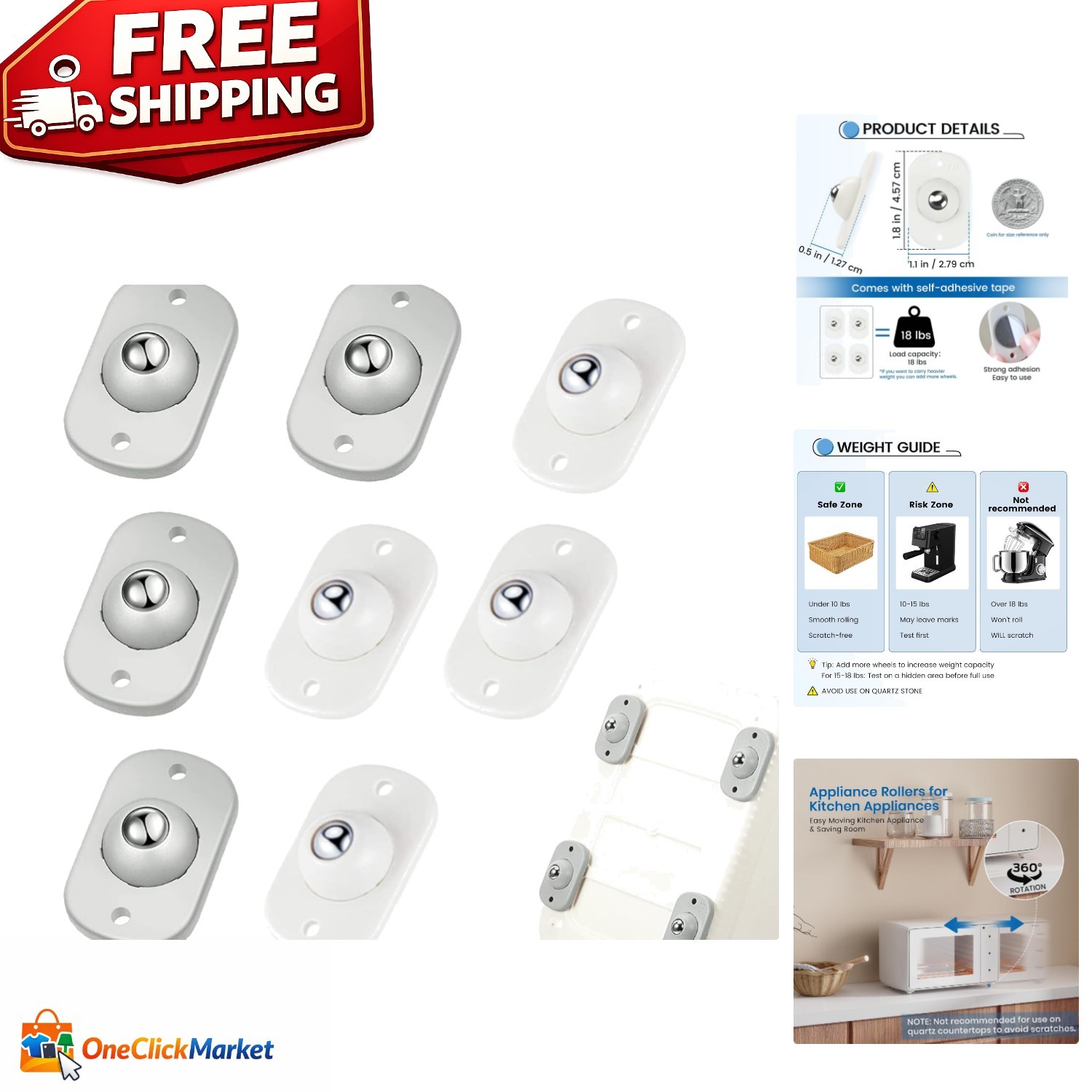 8 PCS Self-Stick 360° Swivel Casters – Strong & Silent Wheels in White & Grey