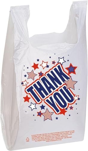 Patriotic Thank You T-Shirt Bags Red White Blue Plastic 11.5x6x21″ 100 Pack