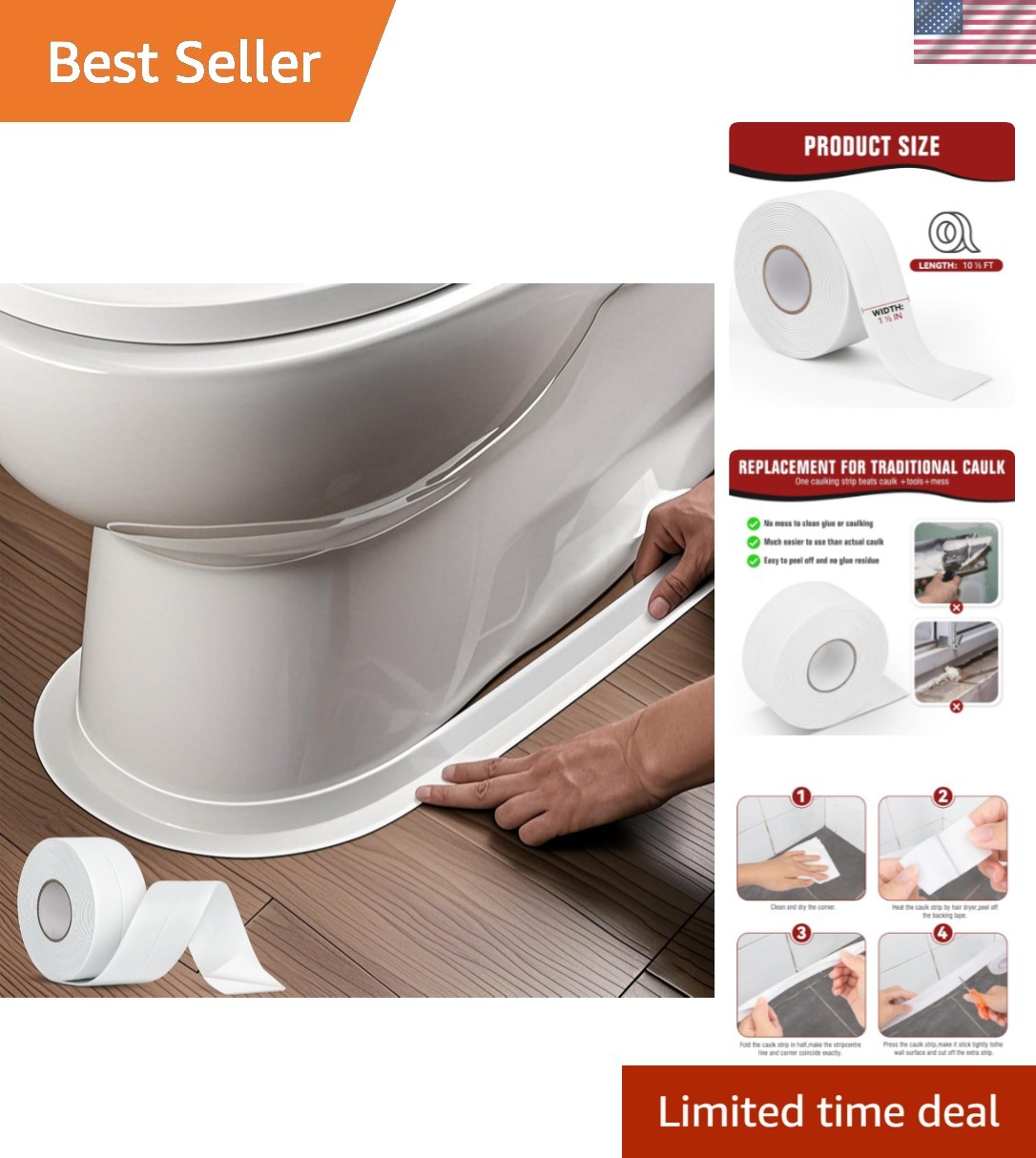 White Waterproof Caulk Tape, Self-Adhesive for Toilet, Tub, Kitchen, Corners,…