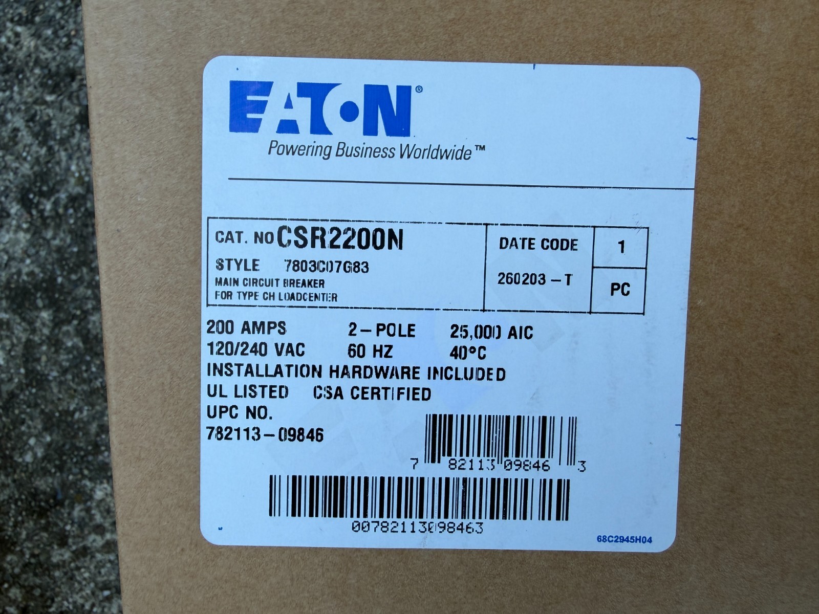 EATON CSR2200N Main Breaker 200A 2-Pole 120/240V AC Thermal Protection BRAND NEW