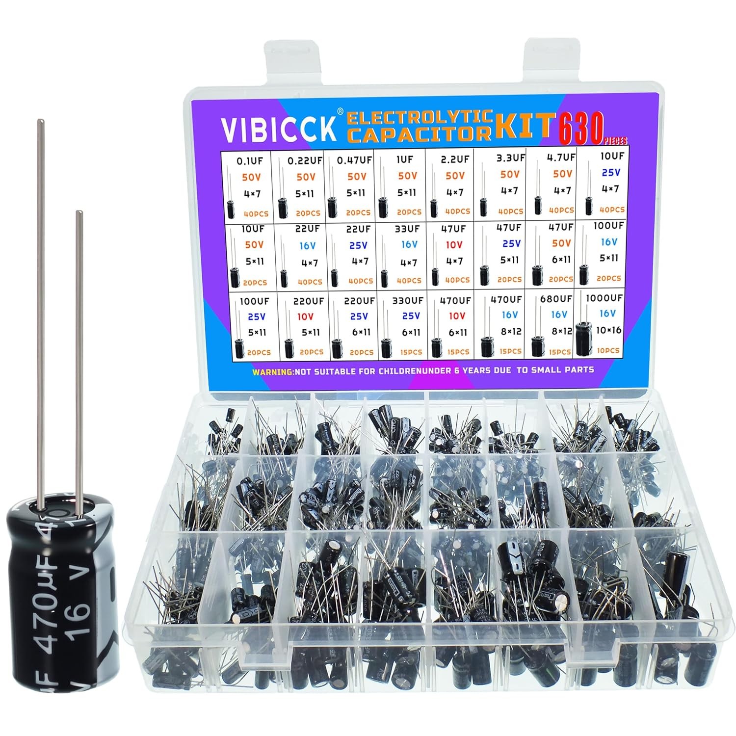 630 Pcs 24 Value Aluminum Electrolytic Capacitor Assortment Kit 0.1μF-1000μF