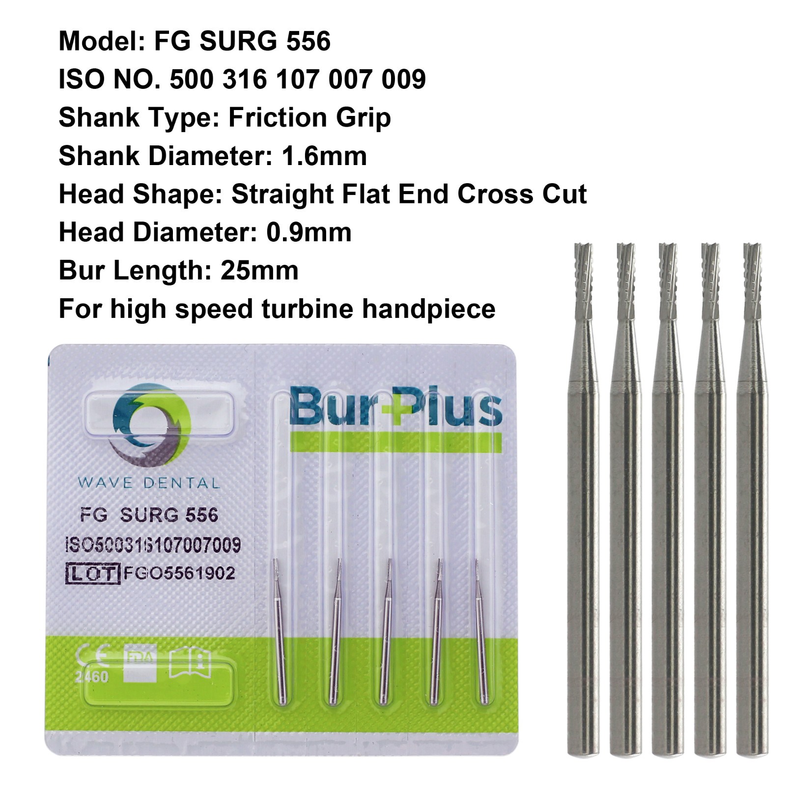 Wave Dental 557 Surgical Bur Carbide Friction Grip Straight Fissure FGOS 25mm