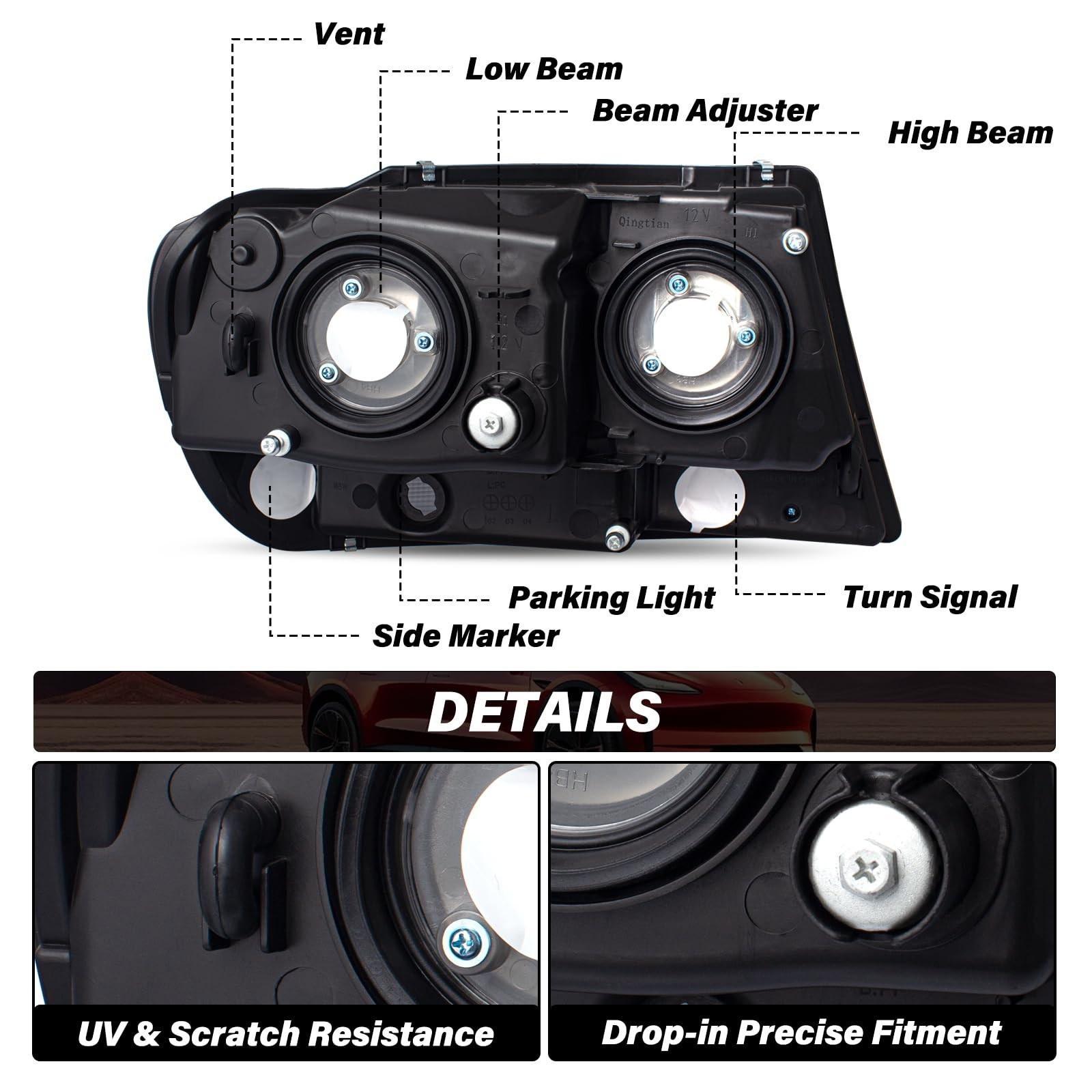 Headlight Assembly Pair 1999-2004 Jeep Grand Cherokee Halogen Bulbs Black Amber
