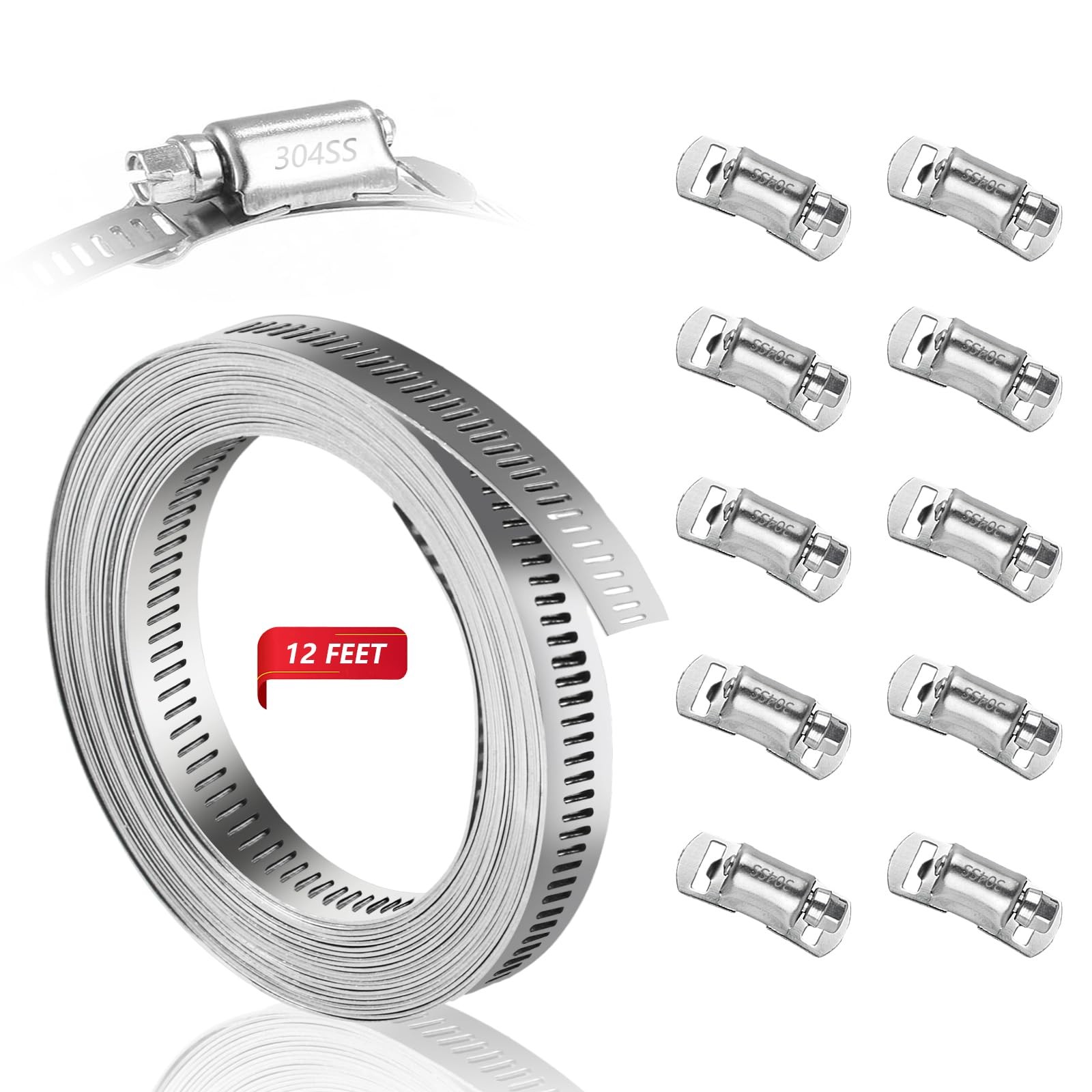 Hose Clamps 304 Stainless Steel, DIY 12FT Metal Strap + 10 Stronger Fasteners, L