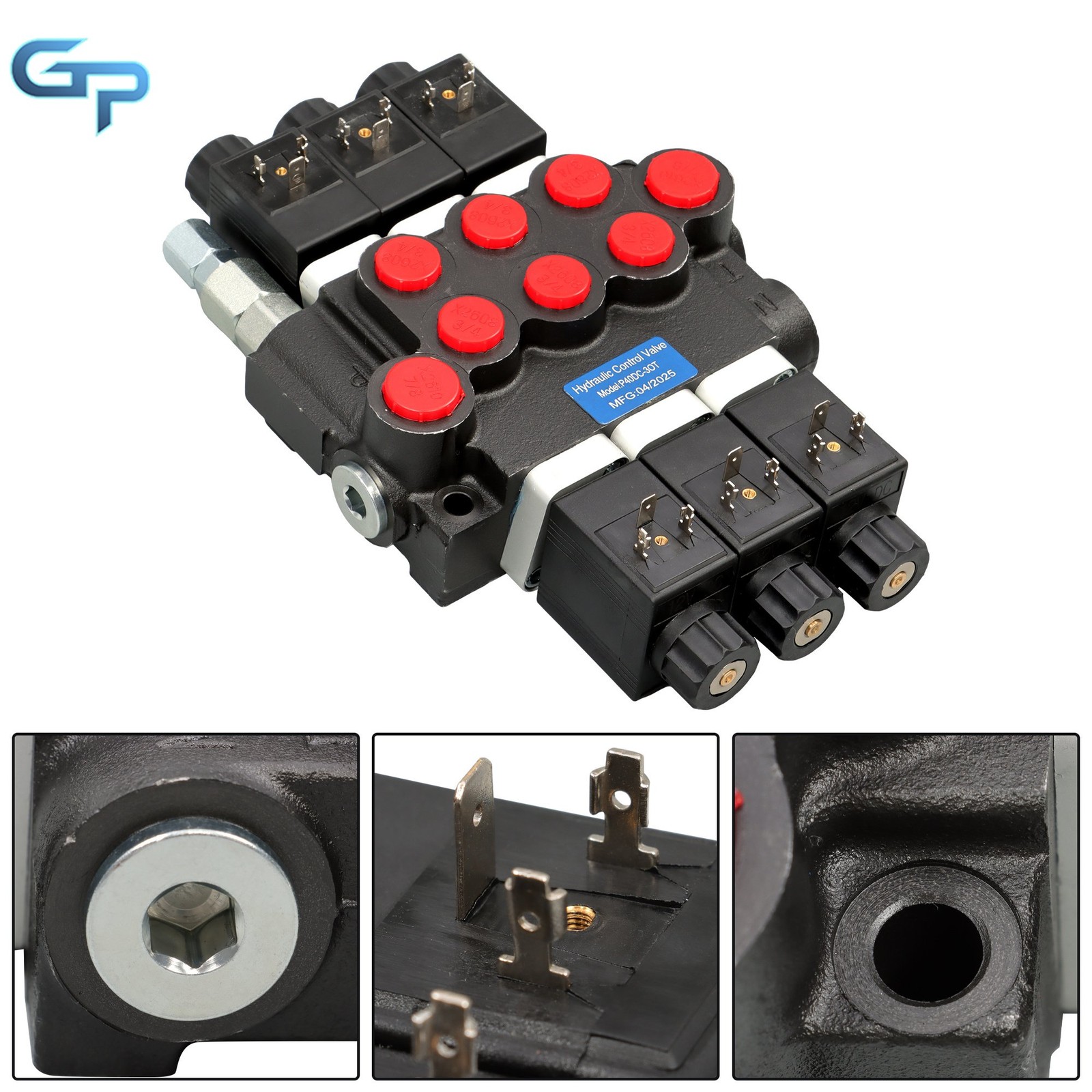 Hydraulic Control Valve Double Acting 13 GPM 3600PSI 3Spool Solenoid 12V DC