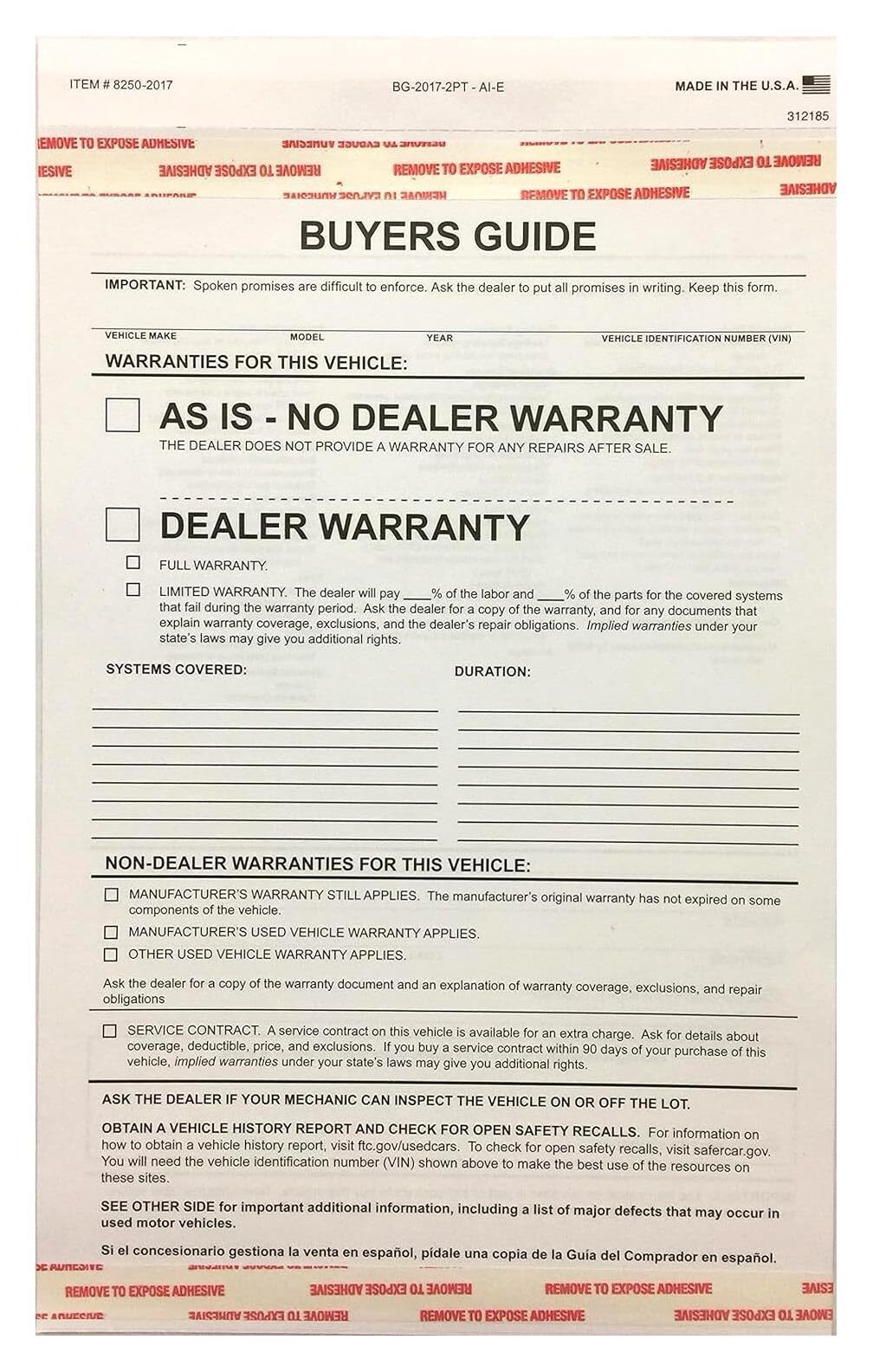 2-part Buyers Guide Form – Adhesive Tape – English – As Is – Warranty (100 Per