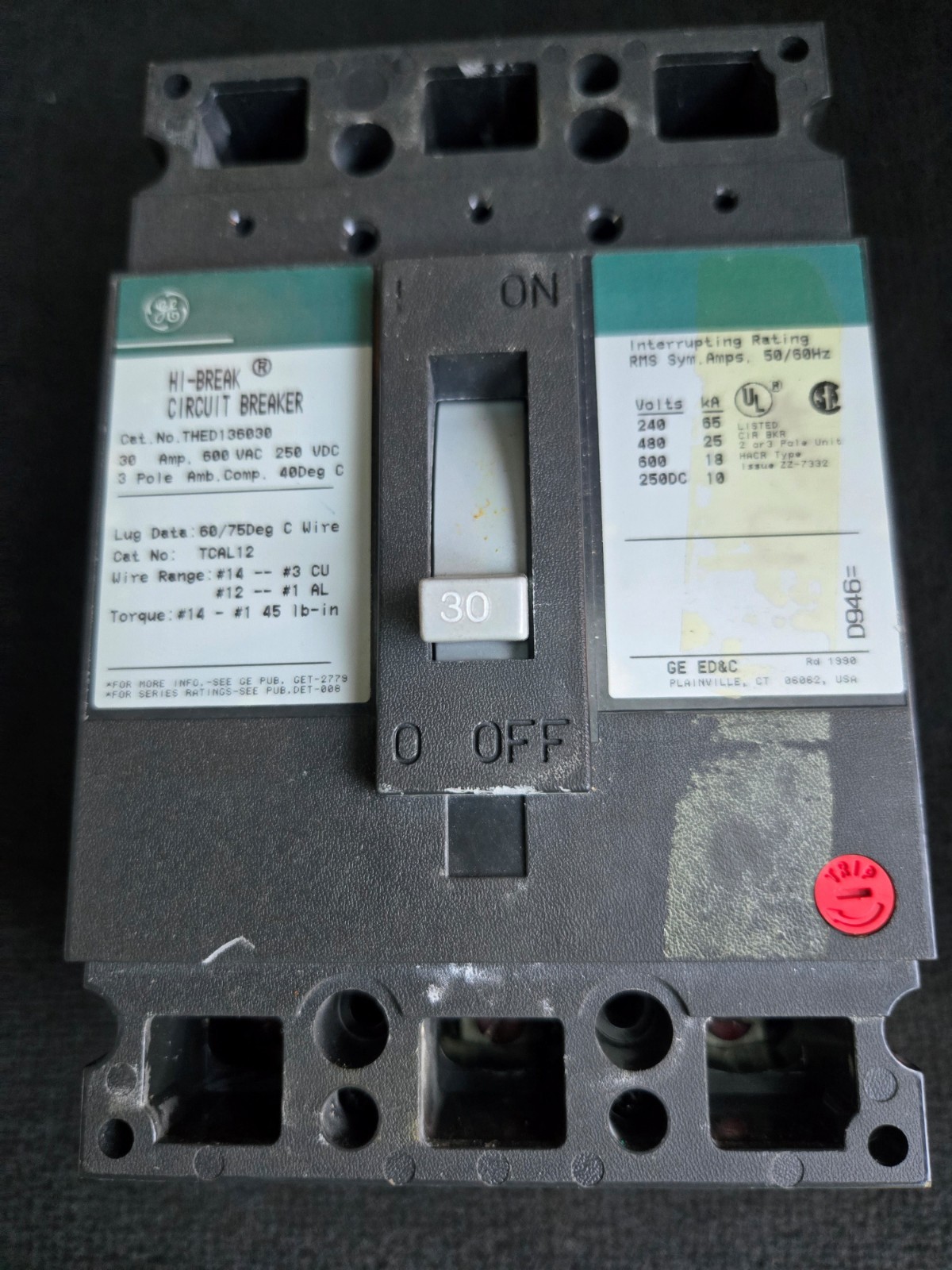 General Electric GE THED136030 Bolt-On Circuit Breaker 30 Amp 3 Pole 600 Volt