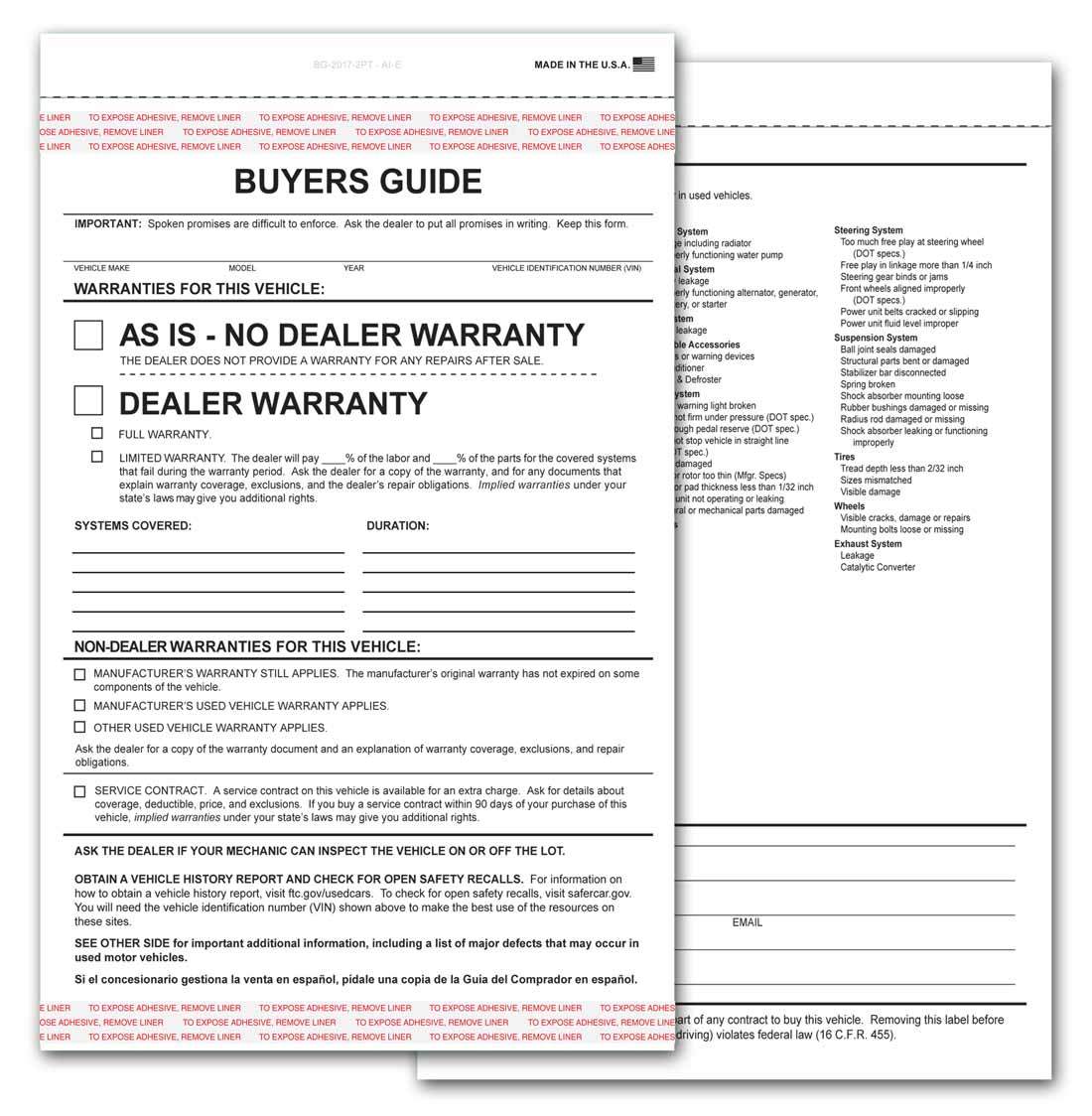 2-Part Buyers Guide Form – Adhesive Tape – English – As Is – Warranty (100 pack)