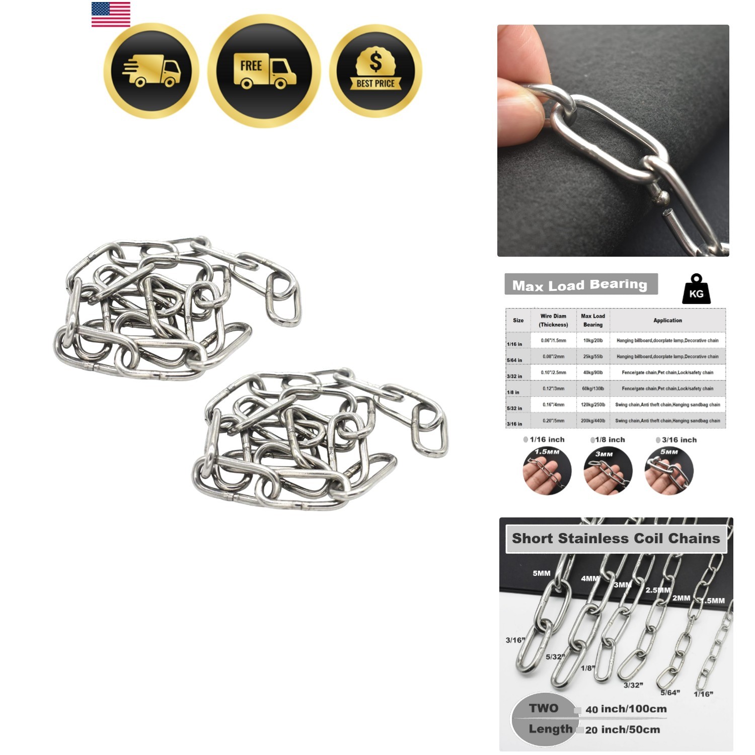 1/8 inch3mm Wire Diameter Stainless Steel Safety Small Chains 20 inch Long Li…
