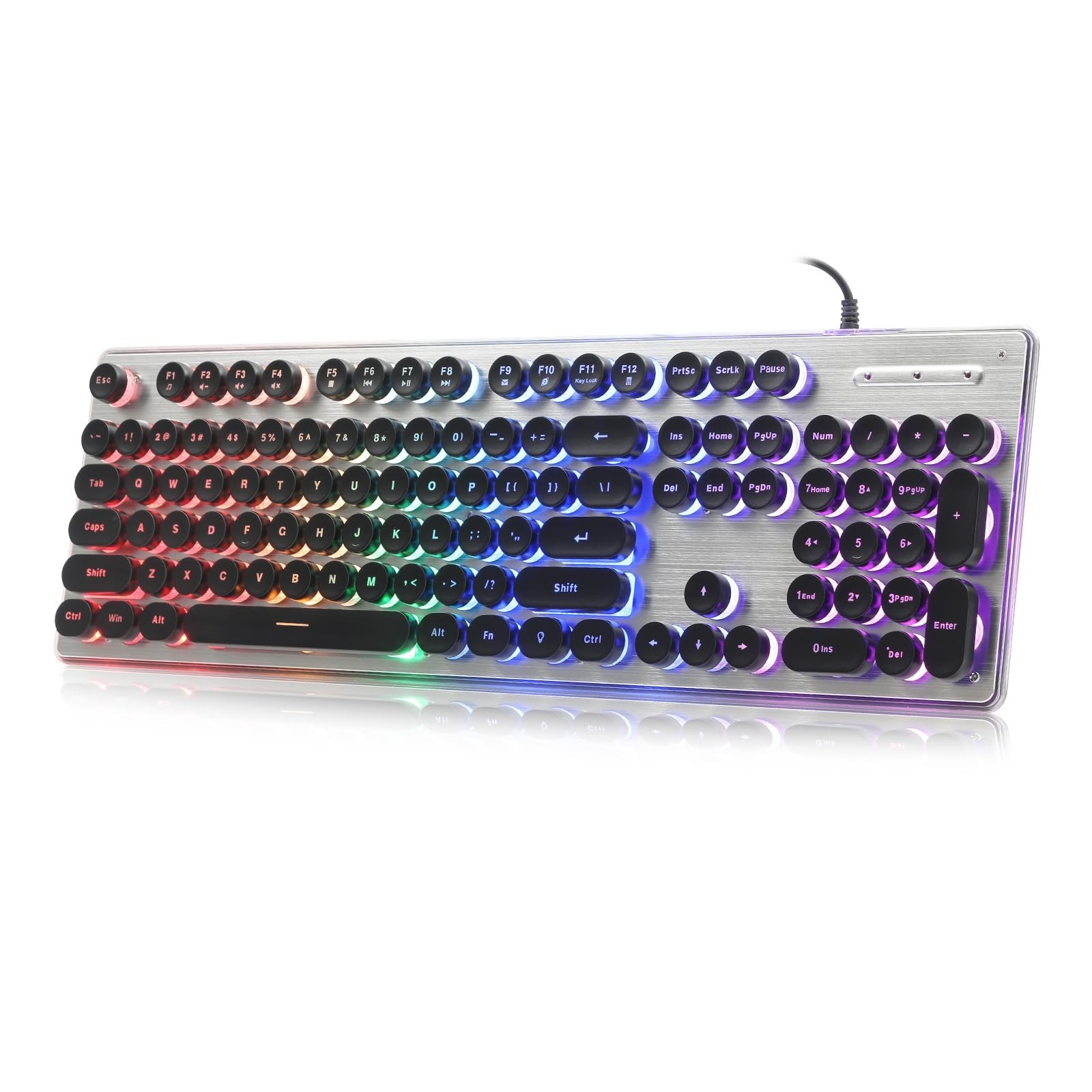 Typewriter Style Keyboard with Metal Panel, Rainbow LED Backlit, Round Keys, …