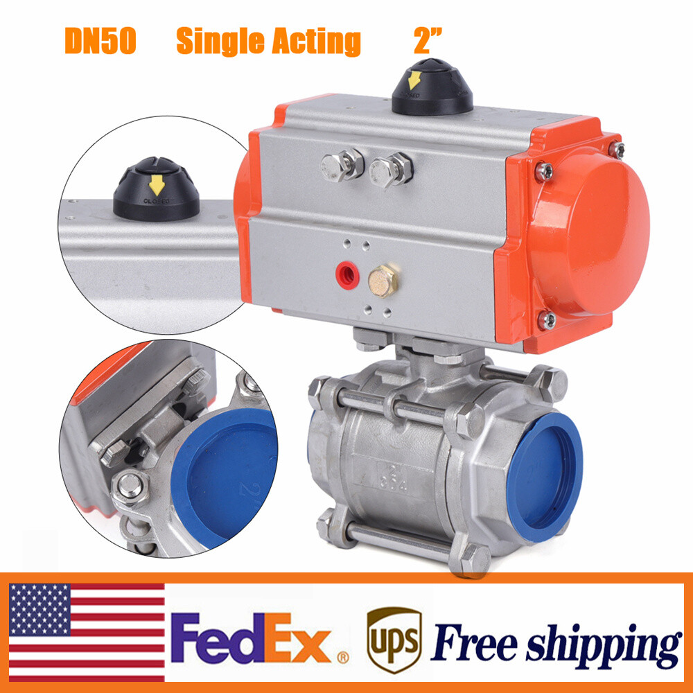 2″ Pneumatic Air Actuated Stainless Ball Valve Single Acting Spring Return NEW