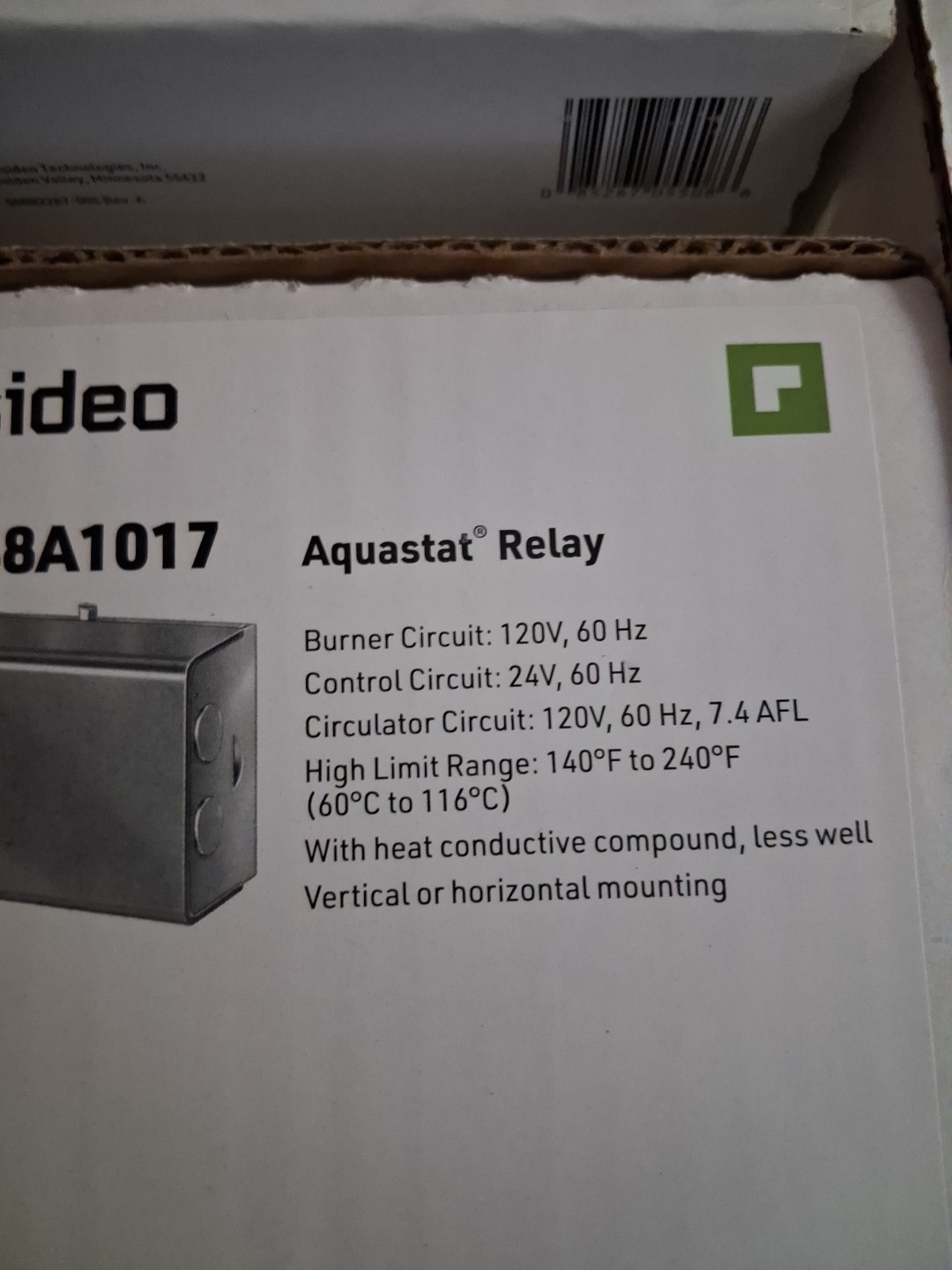 L8148A1017 HONEYWELL HORIZONTAL OR VERTICAL HIGH LIMIT AQUASTAT RELAY 140-240F
