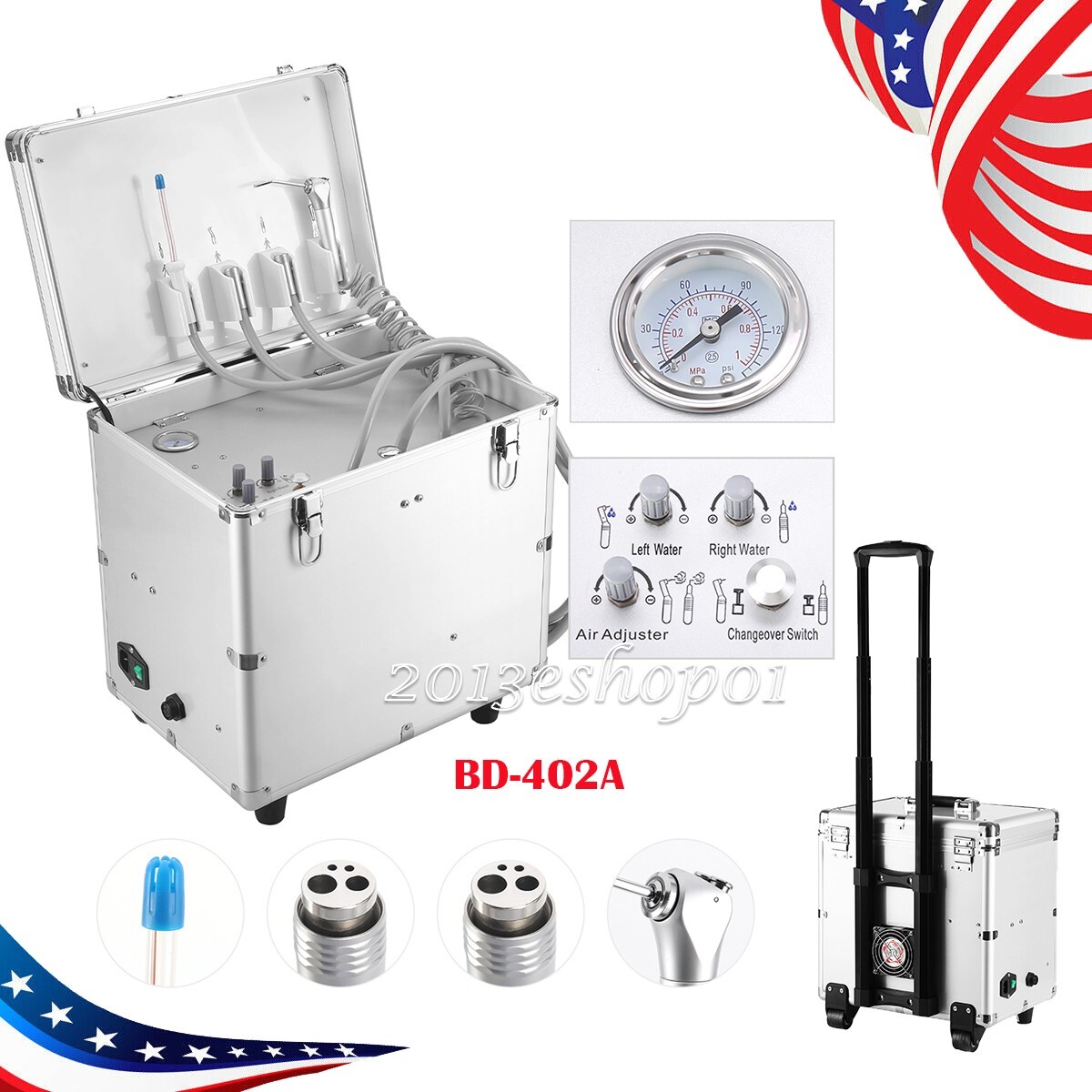Portable Dental Delivery Unit BD-402A Air Compressor Suction Wheels Suitcase