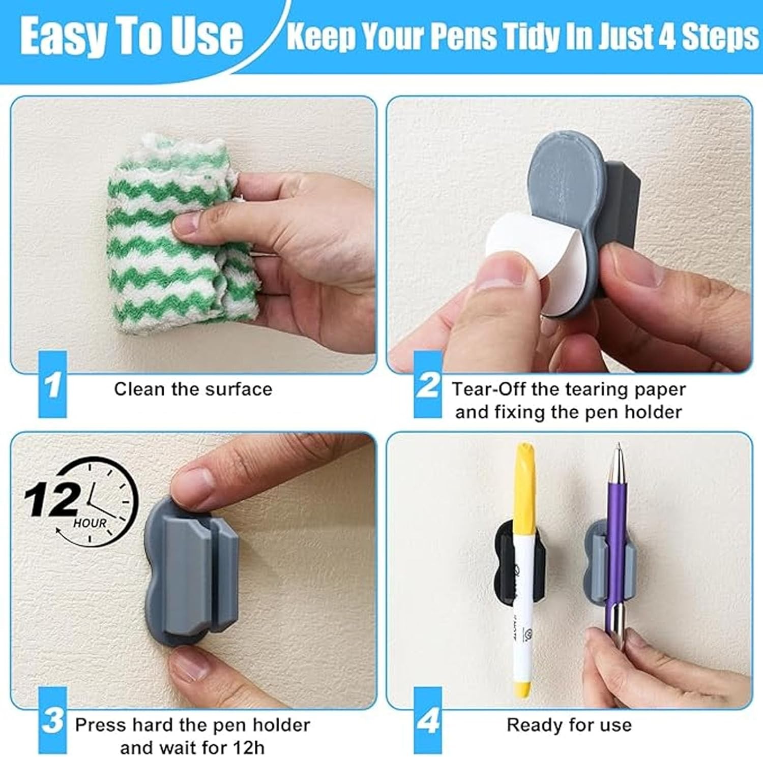 6 Pack Adhesive Pen Holder – Self-Adhesive Silicone Organizer Set White/Grey