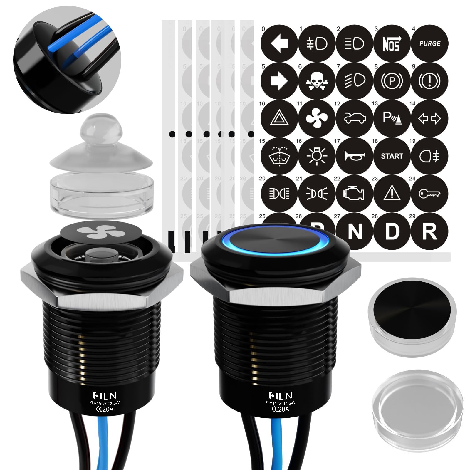 Latching Push Button Switch 19mm Blue LED 12V-24V 20A IP67 Waterproof 2 Pack