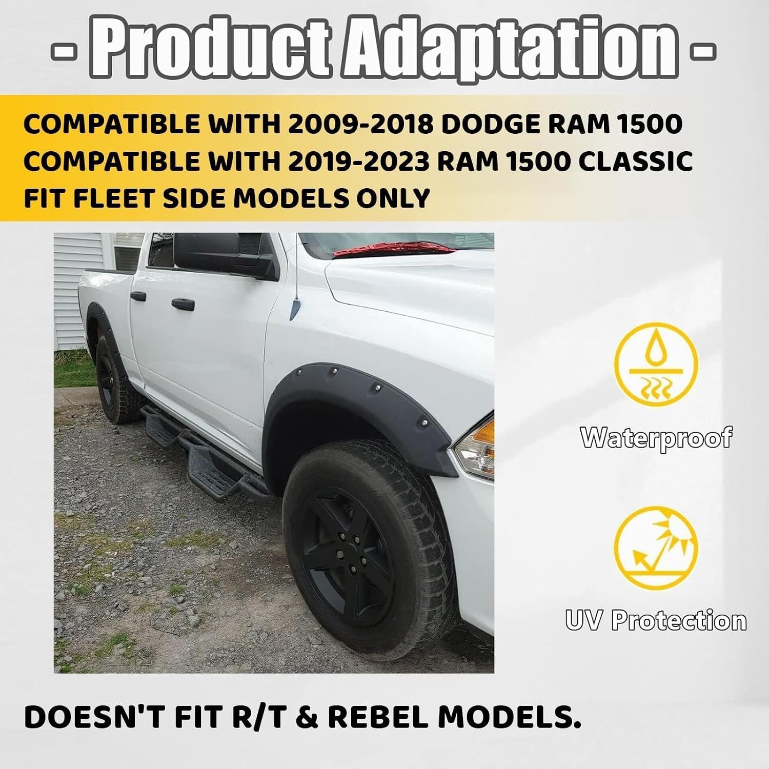 Fender Flares Compatible with 2009-2023 Dodge Ram 1500 Classic Pocket Rivet Styl