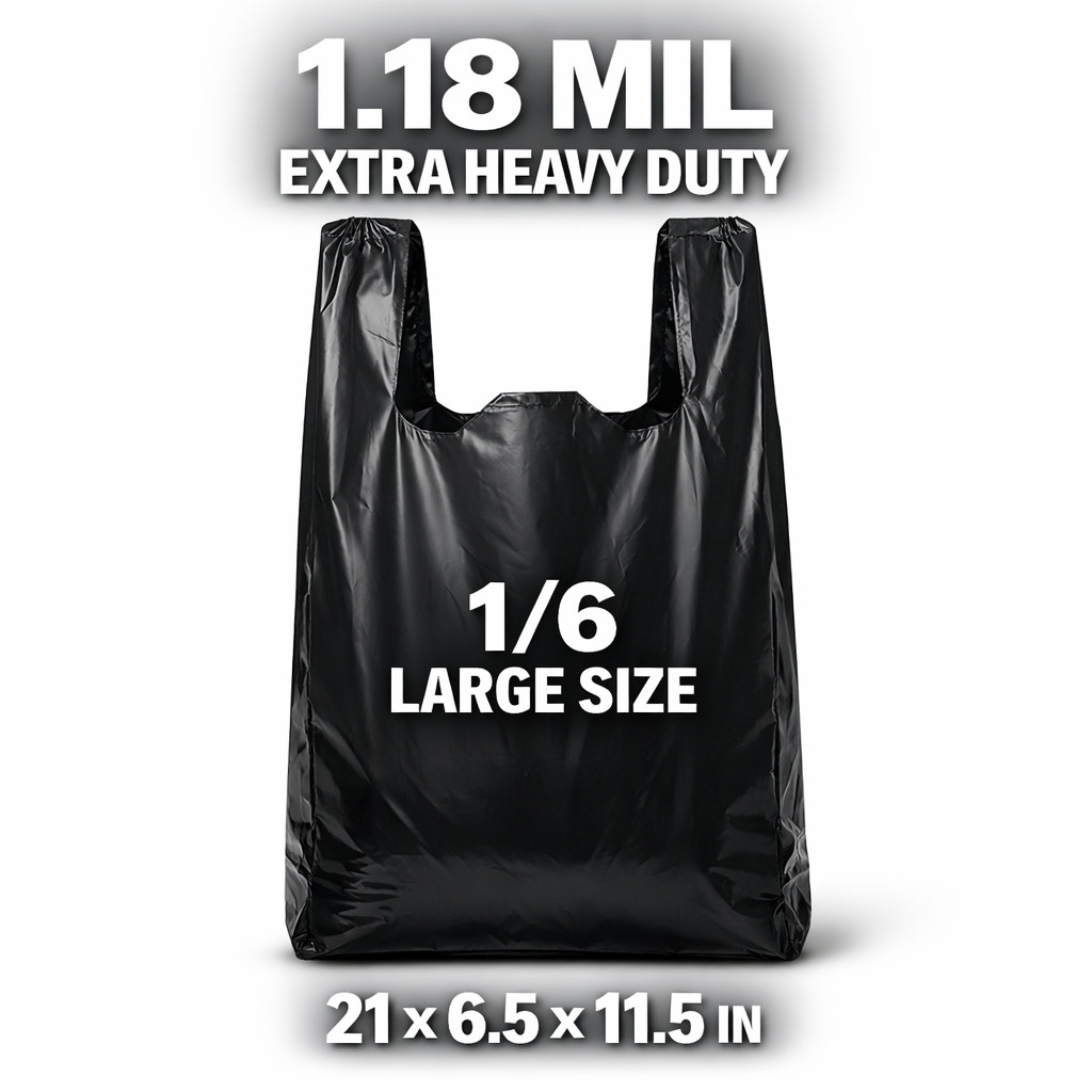 Extra Heavy Duty Black T-Shirt Bags 1/6 Size 21×6.5×11.5 1.18 Mil Grocery Bags
