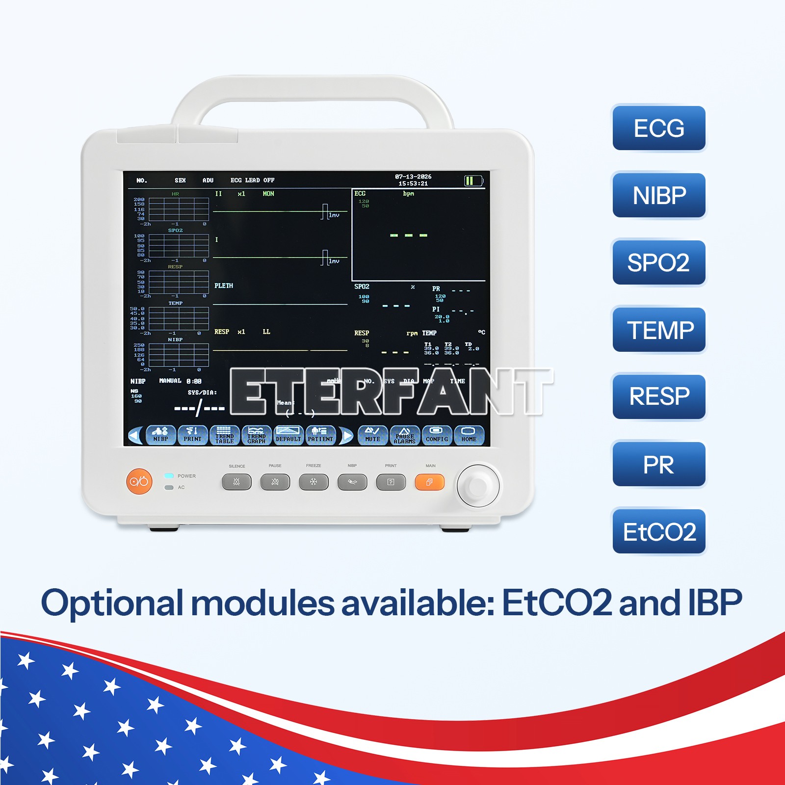 ENTERFANT 12″ Modular Patient Monitor Vital Sign Optional Modules EtCO2 and IBP