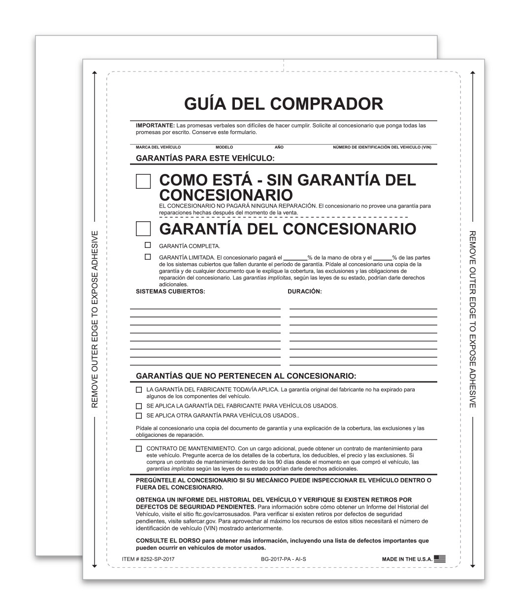 1 PART SELF ADHESIVE BUYERS GUIDES AS IS WARRANTY SPANISH 100 PACK DEALER LOT