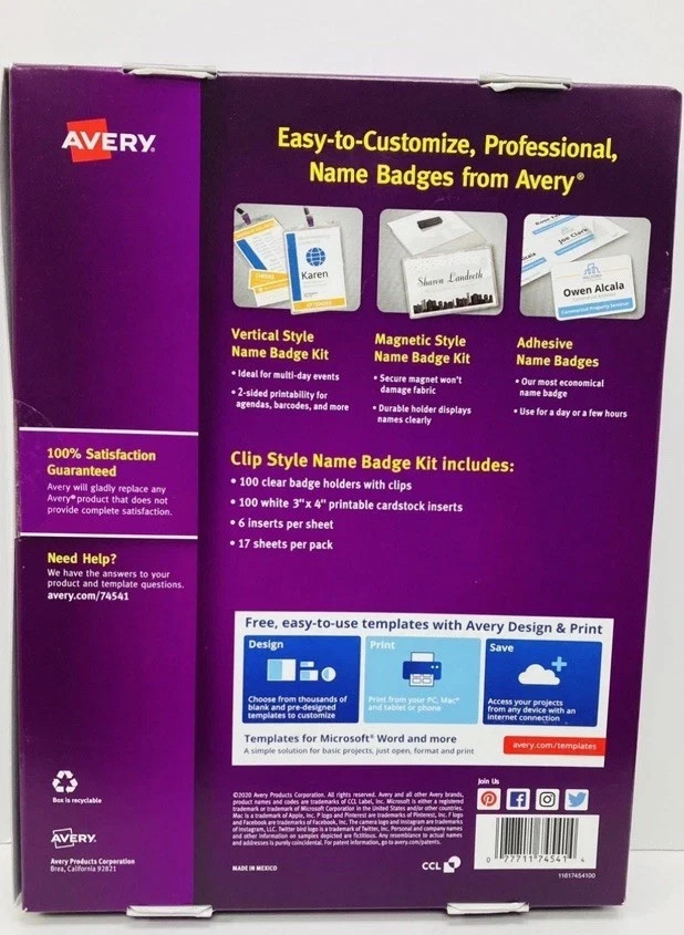 Avery 74541 Clip Name Badges – 100 Qty with White Inserts