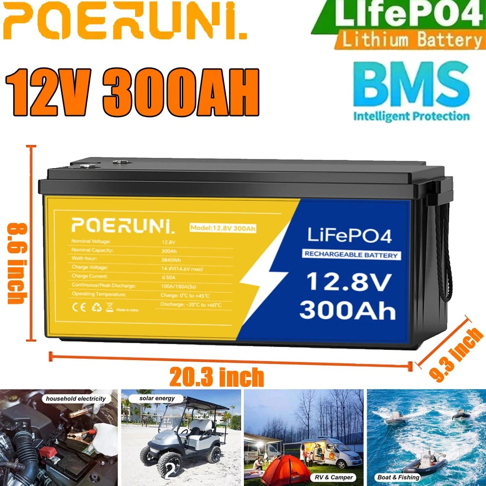 POERUNI 12V 300Ah LiFePO4 Battery 4000+ Deep Cycles 3840Wh 200A BMS for RV Solar