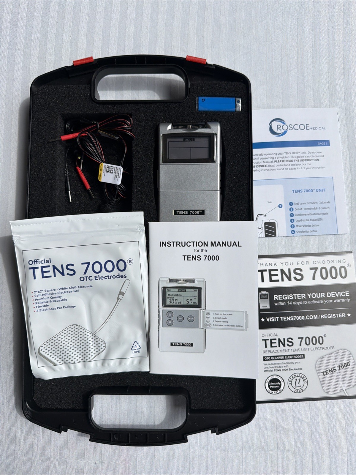 Roscoe Medical TENS 7000 Unit 2-Channel Wearable with Electrodes & Carrying Case
