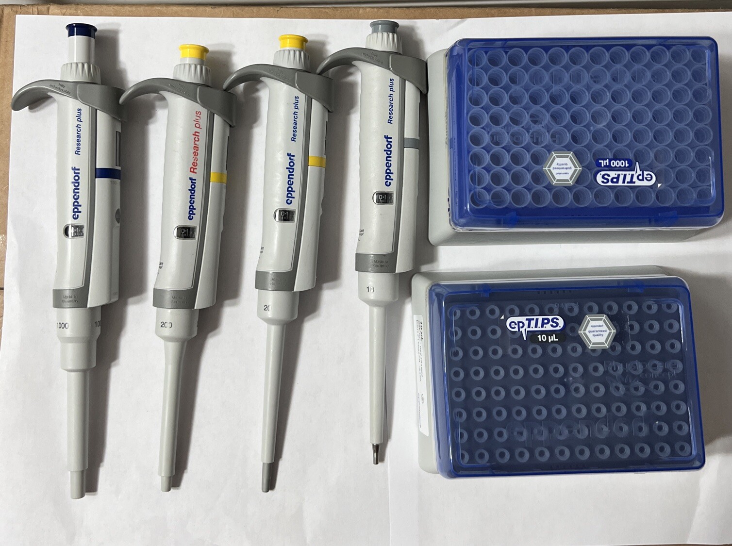 Set of 4 Eppendorf Research Plus Pipette 10,20,200,1000uL Pipetman +Tip Boxes