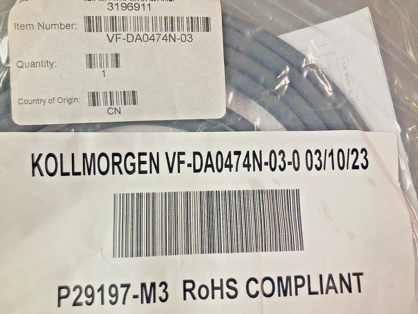Kollmorgen VF-DA0474N-03-0 Encoder/Feedback Cable AKD/AKM/SFD 3m Long – Qty. 1