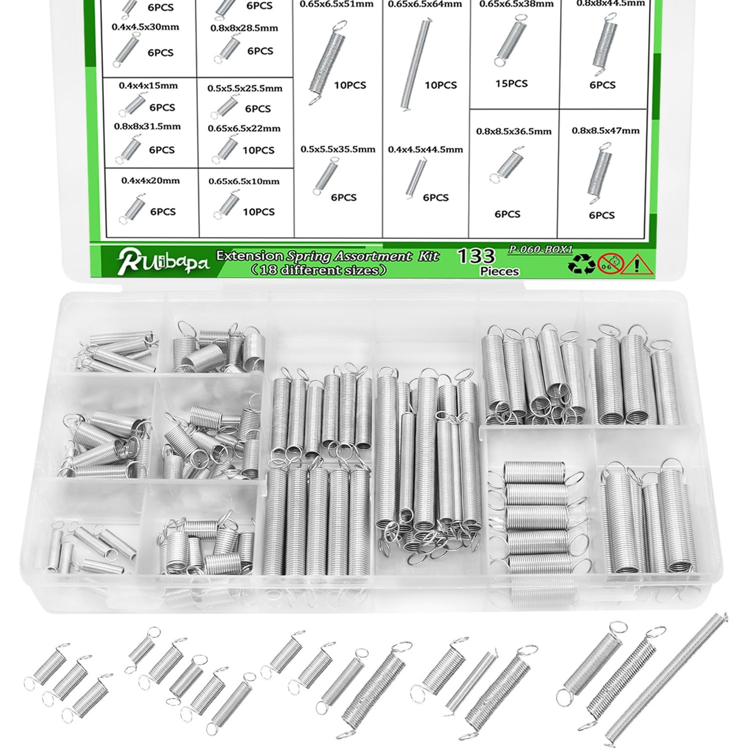 Ruibapa 133 PCS Extension Spring Assortment Kit 18 133PCS（18 Sizes), Silver