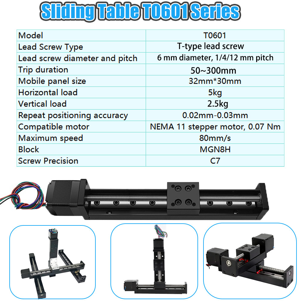 50-300mm Mini CNC Slide Table T-type lead screw 1mm Pitch 28mm stepper Motor Kit
