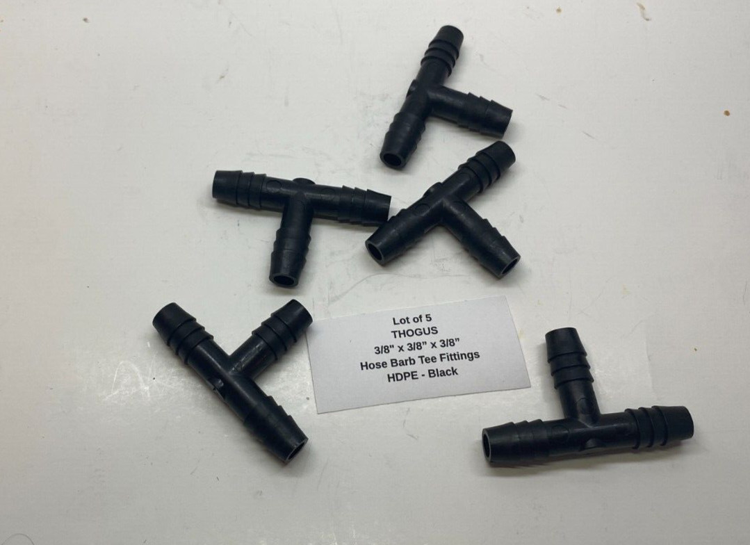 (Qty 5) THOGUS 3/8″ Barbed HDPE Tee Fittings (3/8″ x 3/8″ x 3/8″) – Black –