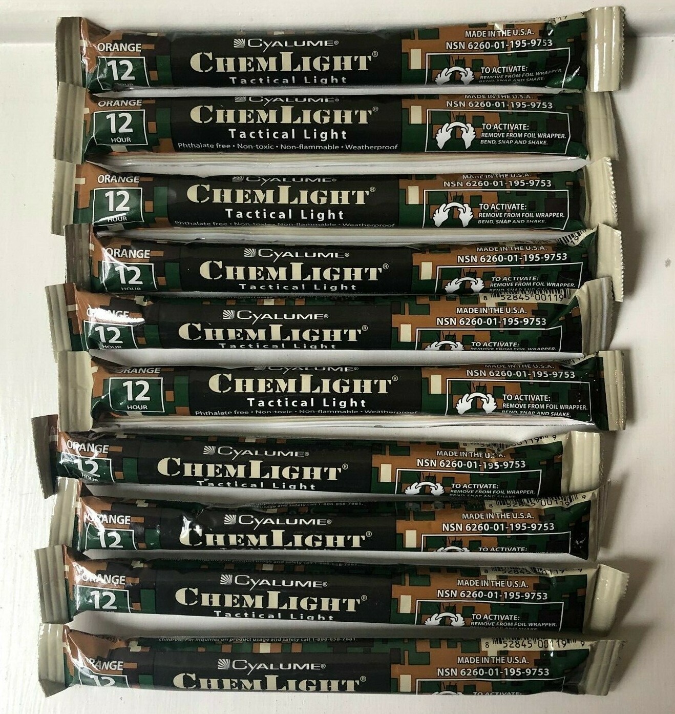 Lot of 10 CYALUME Tactical Lightsticks Orange 12 HR EXP 08/2023 Prepper Survival