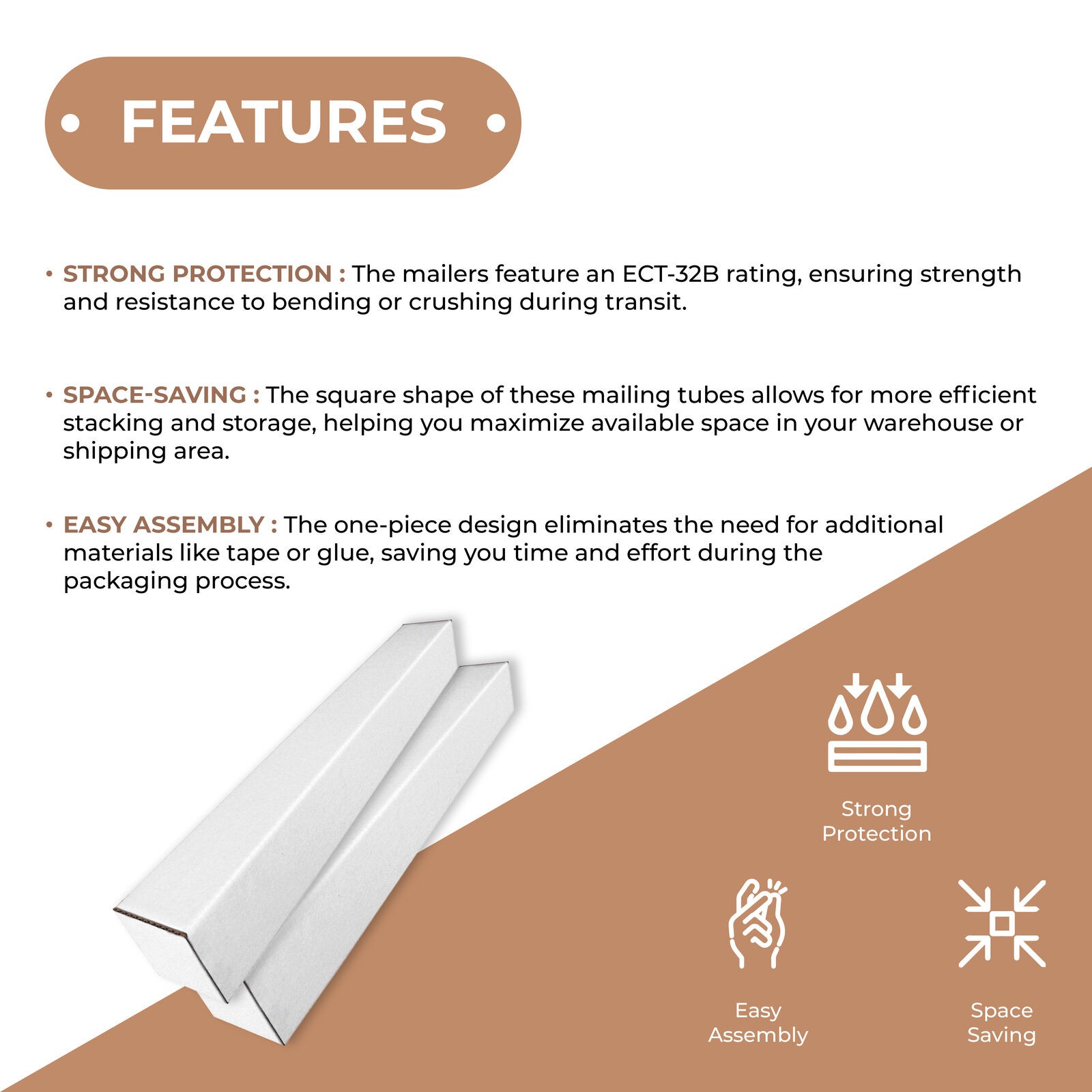 White Square Mailing Tubes 3 x 3 x 30″ ECT-32B 25/Case