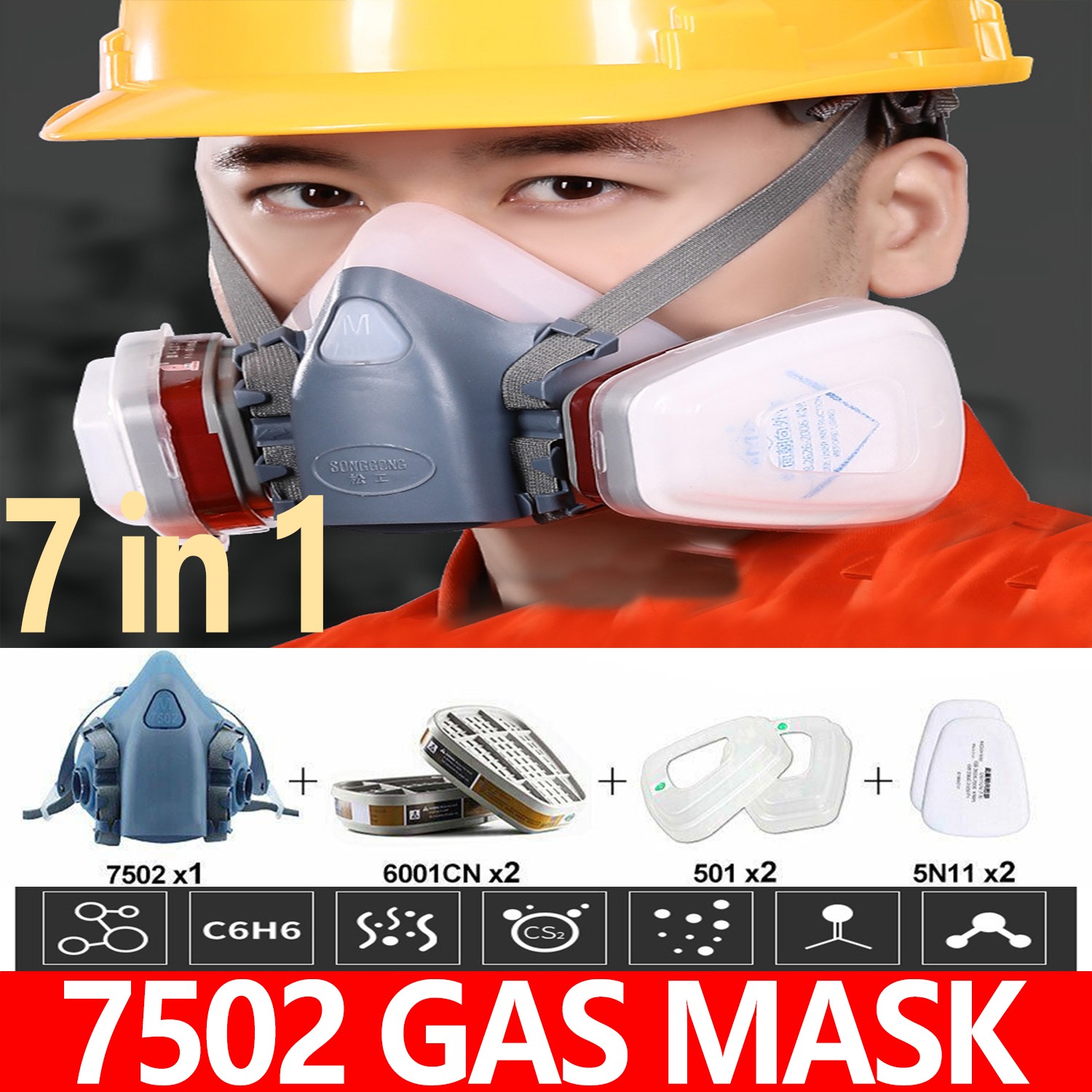 7 in1 7502 Painting Spray Half Face Gas Mask Chemical Epoxy Resin Respirator PPE