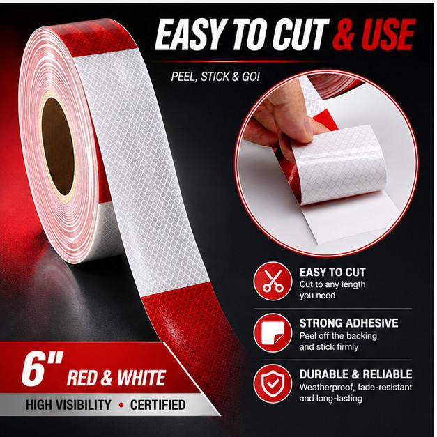 Conspicuity DOT-C2 Reflective Red White Warning Safety Tape Trailer Boat 2″x200′