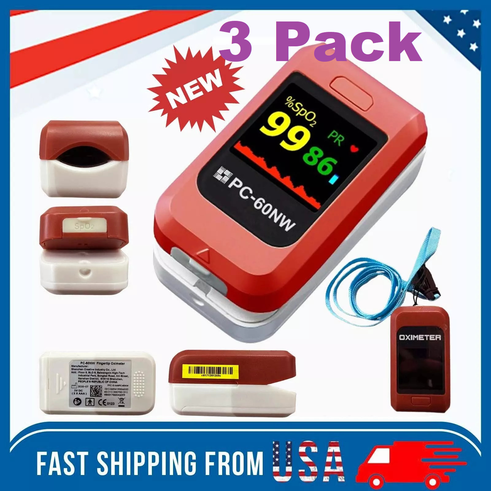 3 Pack Fingertip Pulse Oximeter Blood Oxygen Meter SpO2 PR Heart Rate Monitor